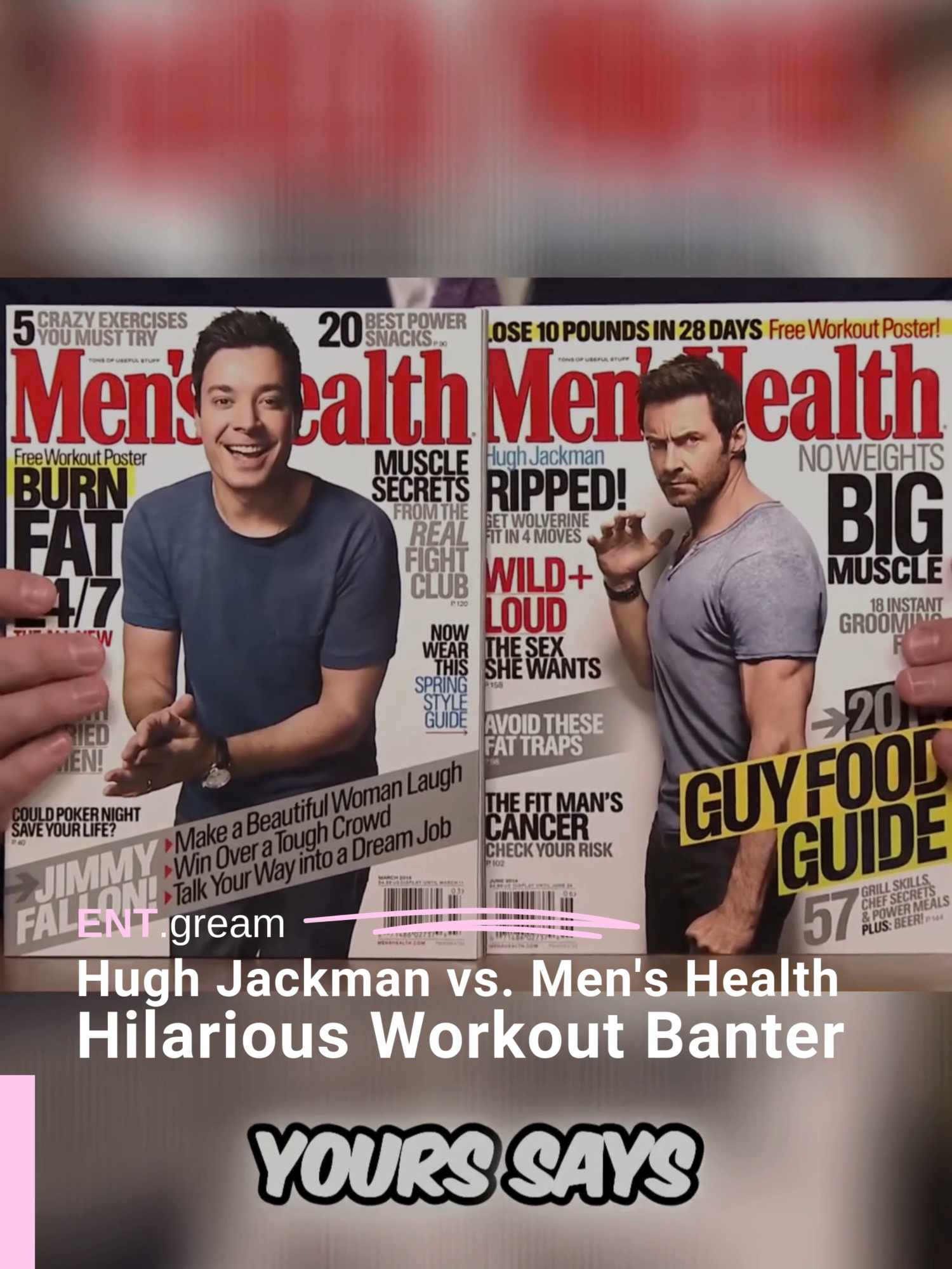 Hugh Jackman Reveals Intense Workout Secrets and Quirky Gym Fashion on Tonight Show with Jimmy Fallon GYM TALK JUST GOT HILARIOUS! 💪 When Hugh Jackman and Jimmy compared their Men's Health covers, it was comedy gold! From Jackman's backstage chicken feast to those controversial toe shoes for deadlifts, this segment had everything! Jimmy might have the 