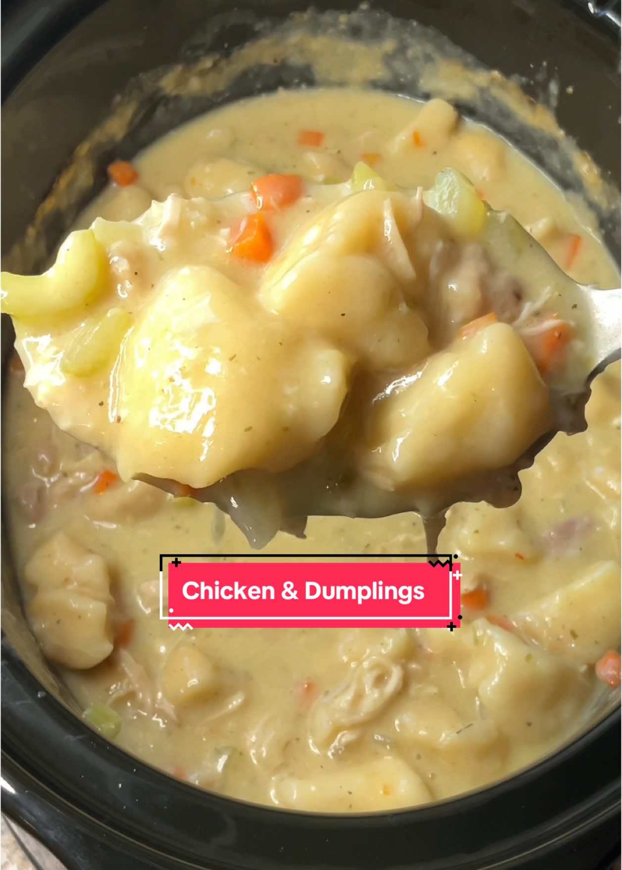 Try these easy Crockpot Chicken and Dumplings for the perfect winter comfort meal! #chicken #dumplings #crockpot #EasyRecipe #comfortfood #DinnerIdeas 