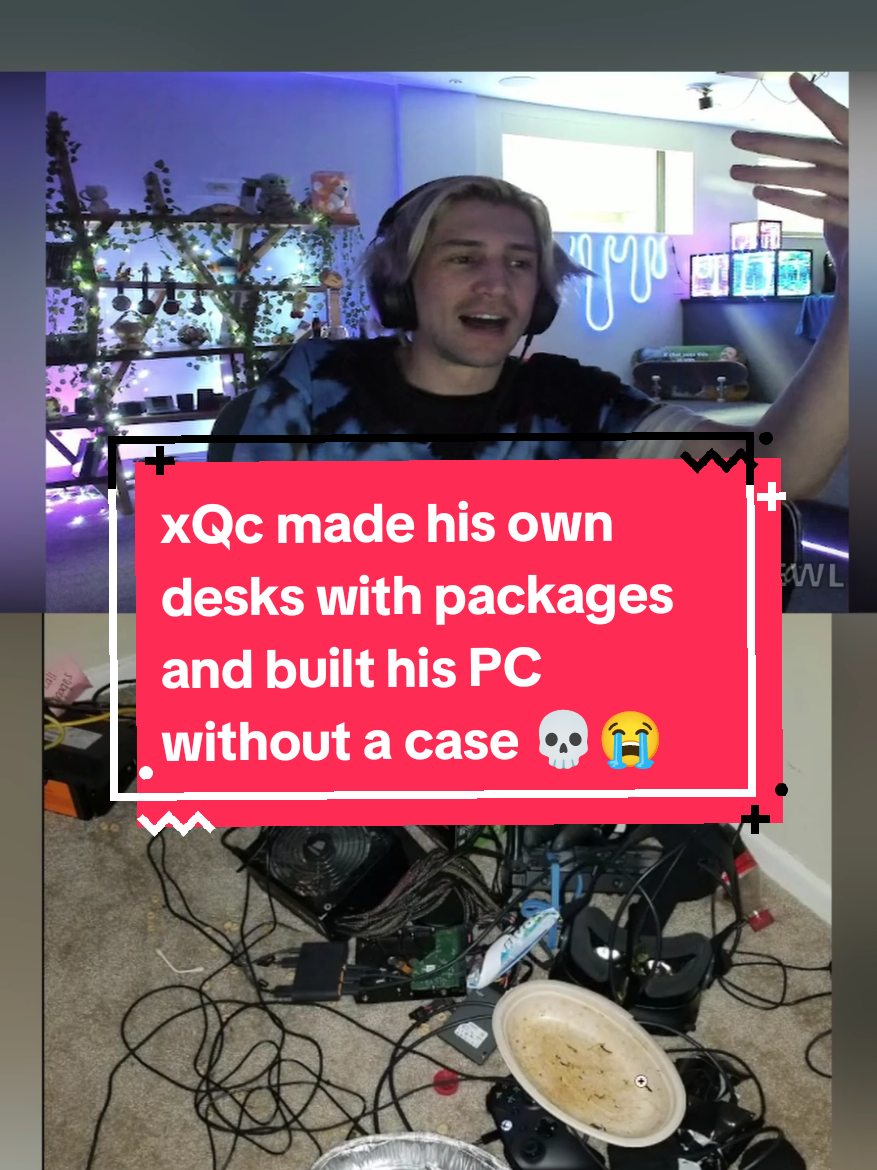 xQc shows his DIY desk made with cardboard packages, and a computer he built without a case and leaves old food on top of it 😭 #xqc #twitch #livestream #setups #computer #DIY #pcbuild #pcbuilding #funny #fyp 