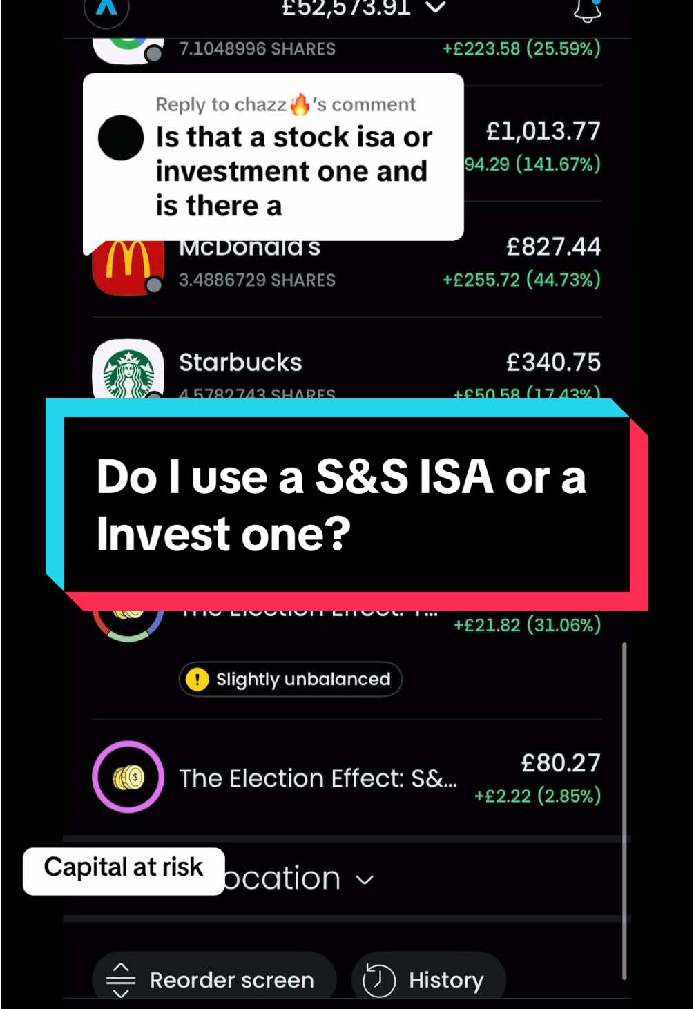 Replying to @chazz🔥 “Is that a S&S ISA or a Invest one?” 🧐 This is not investment advice. When investing, your capital is at risk. Value of investments can fall as well as rise. Past performance does not guarantee future results. I am not a financial advisor and this should not be construed as advice. The code IG is an affiliate code and I earn a small commission per use. #investingforbeginners #investingexplained #trading212 #investinguk 