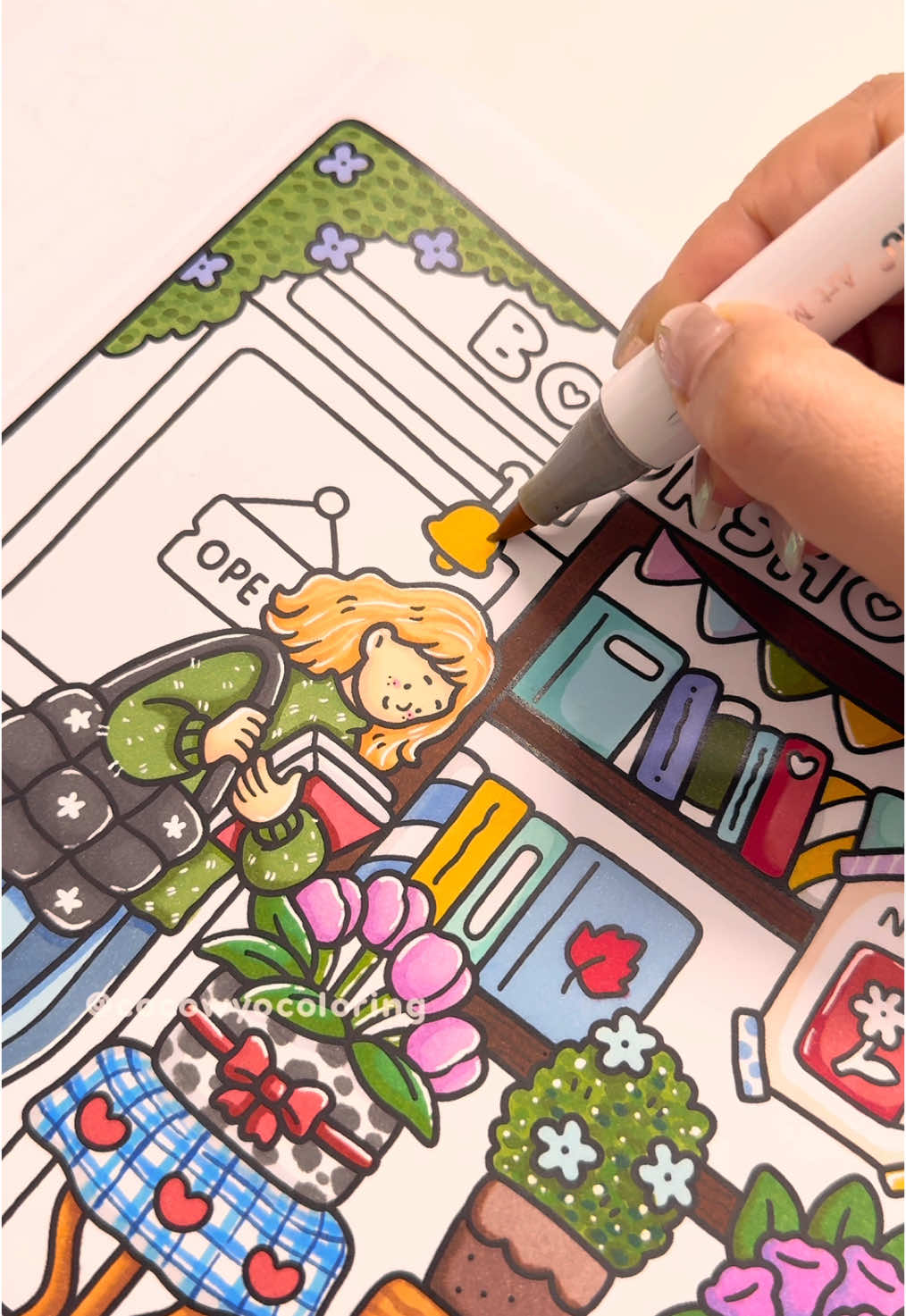 If happiness had a location, it would be a cozy bookshop with endless stories to explore. 📚🌟   This page is a part of “Girl Moments” Coloring Book. Medium: Ohuhu alcohol markers  #coloring #coloringbook #cocowyo #cocowyocoloring #relaxing