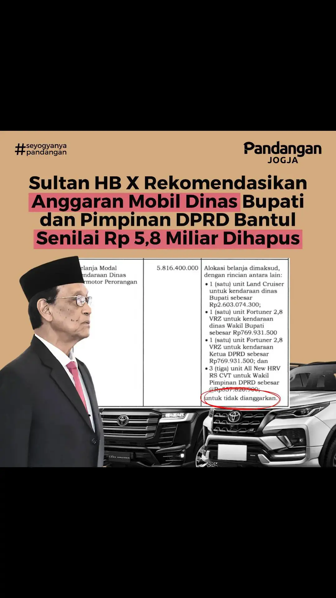 Gubernur DIY, Sri Sultan Hamengku Buwono X, rekomendasikan penghapusan anggaran pengadaan mobil dinas bagi Bupati, Wakil Bupati, dan Pimpinan DPRD Bantul, dalam Raperda APBD 2025. Hal itu disampaikan dalam Keputusan Gubernur Daerah Istimewa Yogyakarta Nomor 497/KEP/2024 yang ditandatangani pada 20 Desember 2024. Jumlah anggaran yang awalnya direncanakan untuk pembelian sejumlah kendaraan dinas senilai Rp 5,8 miliar dianjurkan untuk tidak dianggarkan. “Belanja modal kendaraan dinas bermotor perorangan senilai Rp 5.816.400.000. Rekomendasi atas alokasi belanja yang dimaksud untuk tidak dianggarkan,” tulis Sultan dalam surat keputusan itu. Secara rinci, pengadaan mobil dinas Bupati Bantul berupa satu unit Toyota Land Cruiser senilai Rp 2,6 miliar. Lalu ada dua unit Toyota Fortuner 2,8 VRZ yang masing-masing senilai Rp 769,9 juta untuk Wakil Bupati dan Ketua DPRD Bantul. Serta, tiga unit Honda All New HRV RS CVT yang dianggarkan untuk Wakil Pimpinan DPRD Bantul dengan nilai per unit sebesar Rp 557,8 juta. Sultan menjelaskan bahwa rekomendasi itu sejalan dengan upaya efisiensi anggaran dan kepentingan publik yang lebih mendesak. Namun, keputusan akhir RAPBD ini tetap berada di tangan pemerintah Bantul bersama DPRD. 