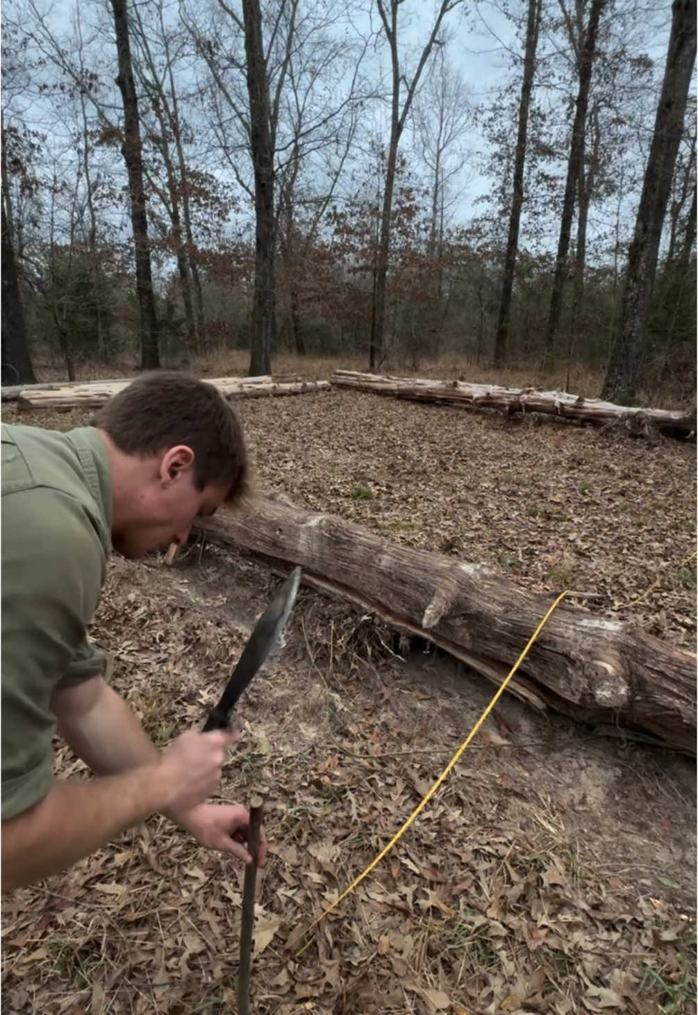 Building a Log Cabin by Hand Part 1 Chapter 2. Time to start building! We need to set the foundation but first we need to stake it out! Lets do some measurements and get it lined up! ##logcabin##cabin##Outdoors##cabinlife##rdr2##bushcraft##handtools##lumberjacks##countrytactical