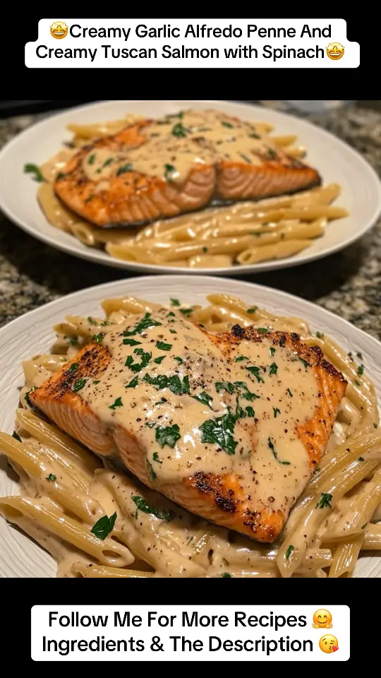 Creamy Garlic Alfredo Penne And Creamy Tuscan Salmon with Spinach Ingredients: 8 oz penne pasta 2 salmon fillets (skinless, cut into chunks) 1 tbsp olive oil 1 cup heavy cream 1/2 cup chicken broth 1/4 cup grated Parmesan cheese 2 cloves garlic (minced) 1 cup baby spinach (chopped) 1/4 cup sun-dried tomatoes (chopped) 1/2 tsp Italian seasoning 1/4 tsp paprika Salt and pepper to taste Fresh basil leaves (for garnish) Directions: Cook penne pasta according to package instructions. Reserve 1/2 cup of pasta water, then drain and set aside. Heat olive oil in a large skillet over medium heat. Add the salmon chunks, season with salt, pepper, and paprika, and sear for 2-3 minutes on each side until golden. Remove from skillet and set aside. In the same skillet, sauté garlic until fragrant (about 1 minute). Add chicken broth and heavy cream, stirring to combine. Bring to a simmer. Stir in Parmesan cheese until melted and the sauce is smooth. Add Italian seasoning, sun-dried tomatoes, and baby spinach. Cook for 2-3 minutes until the spinach wilts. Toss the cooked penne pasta into the sauce, ensuring it's evenly coated. If needed, adjust the consistency with reserved pasta water. Gently add the seared salmon chunks back into the skillet. Let everything warm through for 2 minutes. Garnish with fresh basil leaves and serve immediately. Prep Time: 10 minutes | Cooking Time: 20 minutes | Total Time: 30 minutes Kcal: 540 kcal | Servings: 4 servings #CreamyGarlicAlfredoPenneAndCreamyTuscanSalmonwithSpinach #recipelady1111 #foryou #fyp #share #repost #followmeformore #saveforlater #recipelady #recipesforyou #recipesoftiktok #digitalcookbook #comfortfood #pastarecipe 