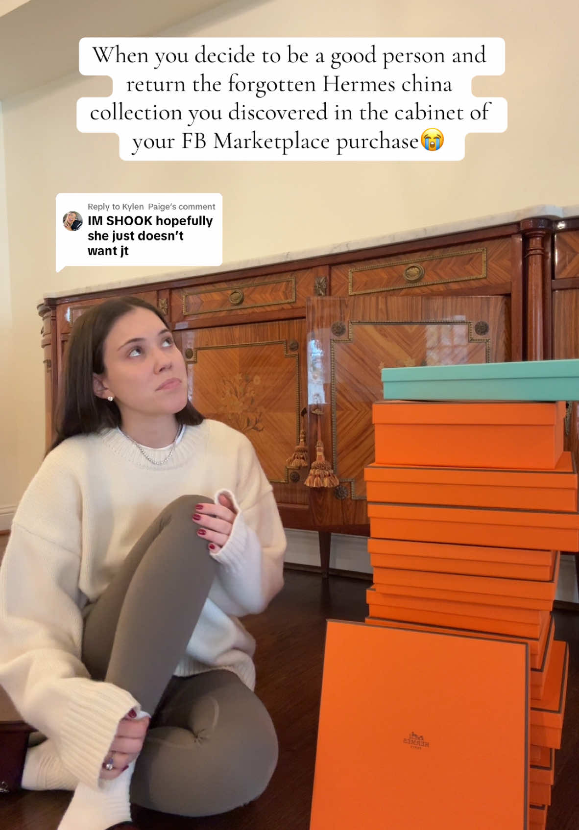 Replying to @Kylen Paige It was fun while it lasted … but they did in fact ask to come pick up everything after I messaged them about my discovery lol 😭 #facebookmarketplace #fbmarketplace #hermes #china #hermeschina #karma #fbmarketplacefinds #louisxvifurniture #sideboard 