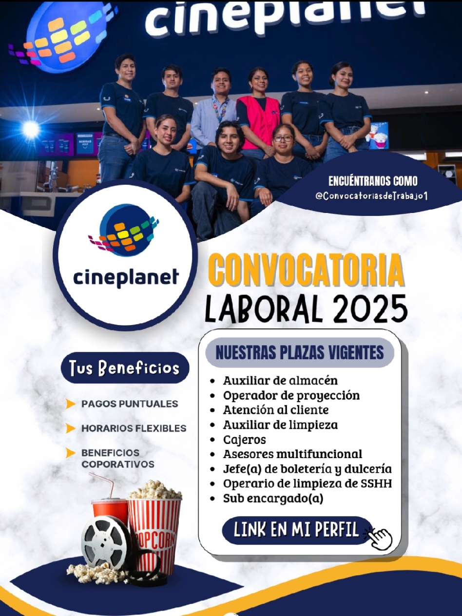 Aquí tienes el texto con emojis y hashtags para TikTok: ¡Trabajo inmediato! 🎬🍿 Estamos contratando colaboradores para trabajar en Cineplanet este año 2025 🎉 ¡Vacantes disponibles a nivel nacional! 🌍 ✅ Pagos diarios 💵 ✅ Horarios rotativos ⏰ ✅ No necesitas experiencia previa ❌👨‍🏫 💎 Beneficios: ✅ Pasajes incluidos 🚍 ✅ Alimentación cubierta 🍔 ✅ Contratación inmediata ⚡ ✅ Ingreso a planilla desde el primer mes 📄 ✅ Seguro integral para ti y tu familia 🛡️👨‍👩‍👧‍👦 📌 Postula ya desde el enlace en mi perfil o comenta 'info' en este video para más detalles. #trabajo #empleo #cineplanet #vacantes #trabajoinmediato #pagosdiarios #sinexperiencia #horariosrotativos #alimentacion #segurofamiliar #planilla #trabajoperu #2025 #TrabajoInmediato #TrabajoSeguro #VacantesDisponibles #ChambaSíHay #fyp #ofertadeempleo #vacantesdisponibles #empleosihay #trabajo #convocatoriasdetrabajo1 #empleos #postulaya #chambasihay #bolsadetrabajo #bolsadetrabajo #alimentacionincluida #canva 