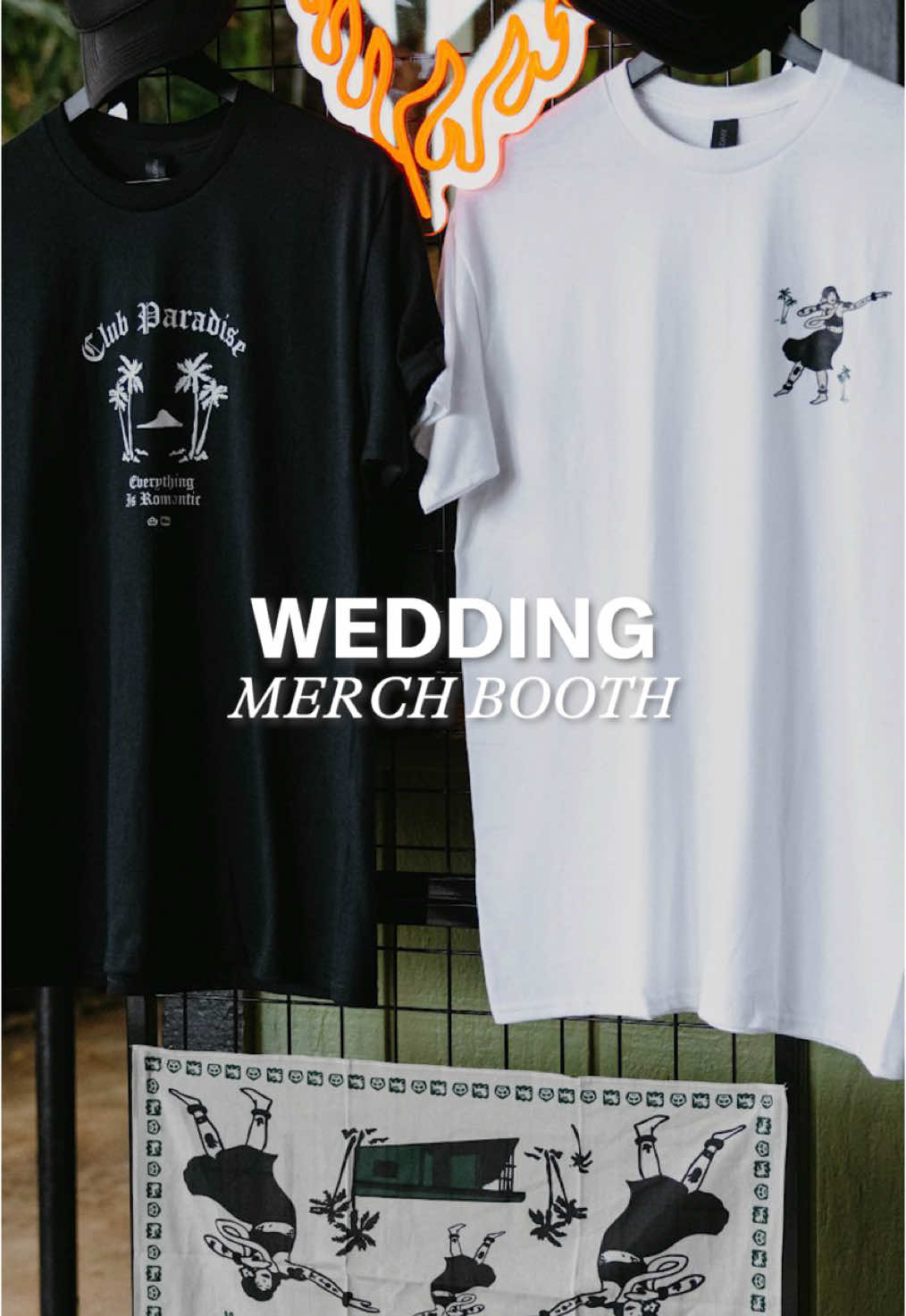 We will never be as cool as the merch booth we had at our wedding. • An exploration of the final pieces and the stories behind them. • Our guests had complimentary access to a scarf, Tshirt and hat of choice for an unforgettable, interactive wedding experience.  • #weddingtiktok #wedding #DIY #weddingplanning #bride #merch #weddingtrends 