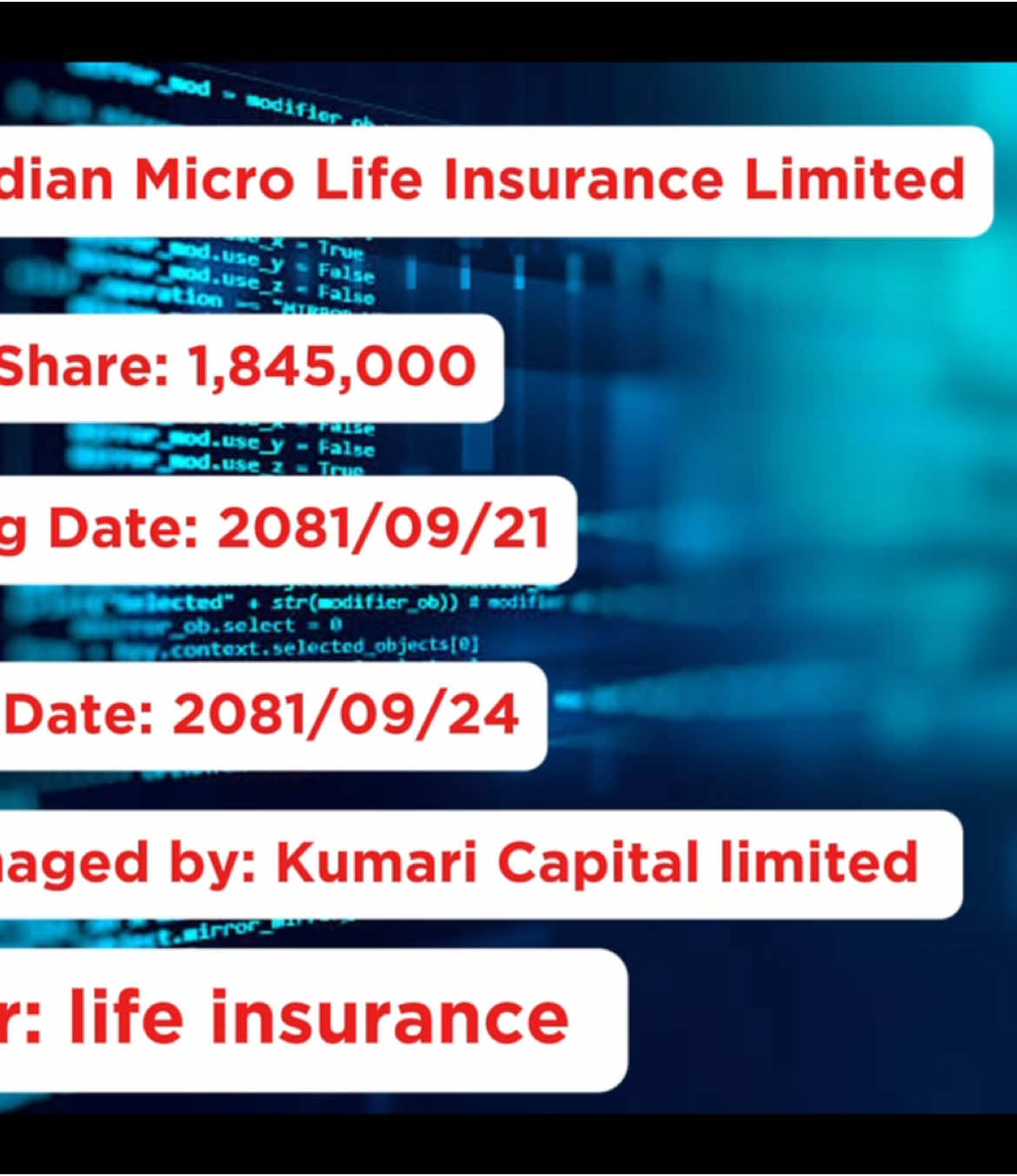 #IPOAlert!! Guardian Micro Life Insurance Limited Issuing 1,845,000.00  Units IPO shares Issue from 21th Poush 2081. #NICASIACapital #IPOAlert #Investment  #SIP #NICASIADynamicDebtFund #OnlineDEMAT #LifetimeDemat #LifetimeMeroshare 