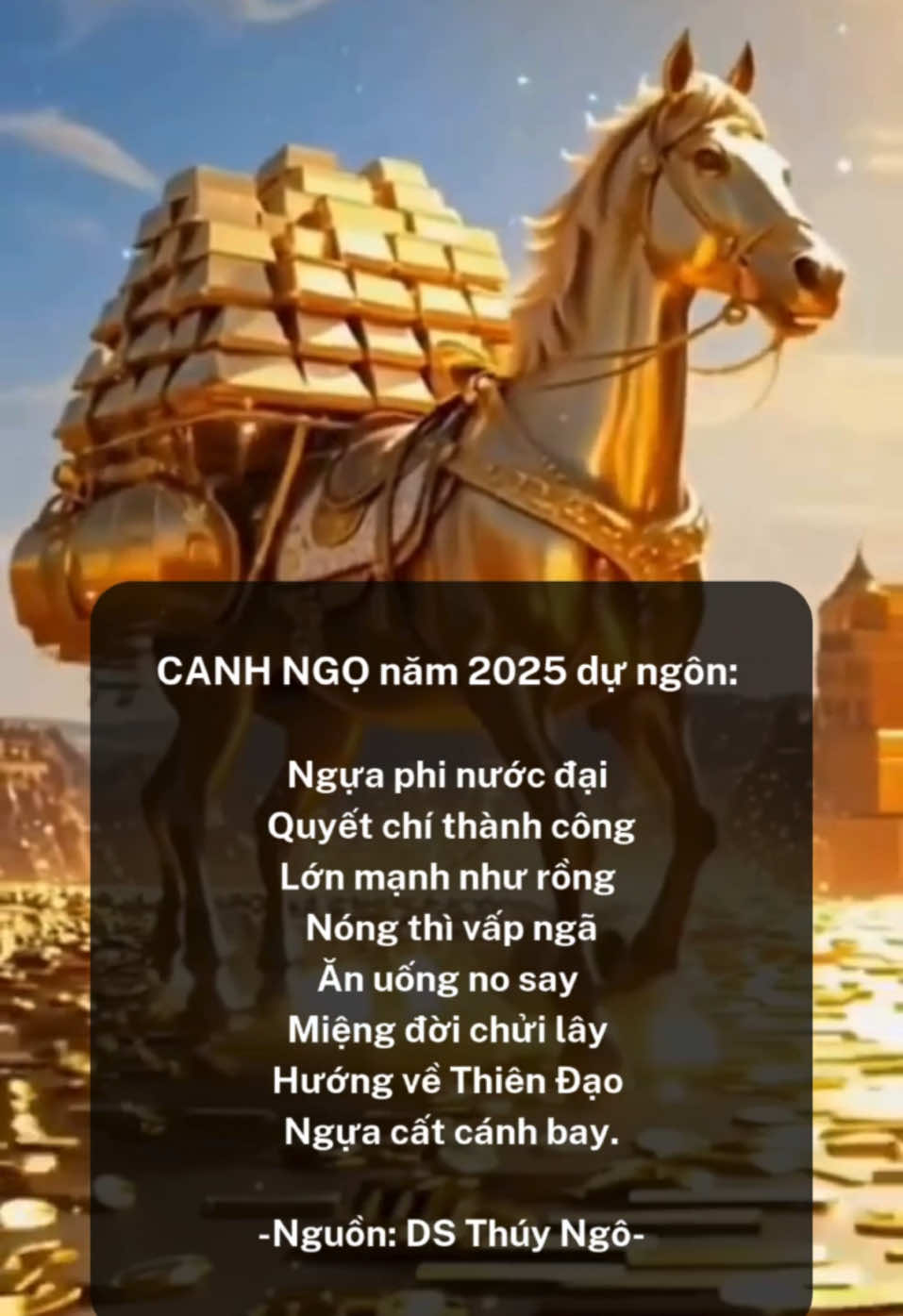 CANH NGỌ năm 2025 dự ngôn.  Ngựa sang năm 2025 nóng là ngã đó! Mạnh mẽ quyết tâm và đừng chủ quan khinh thường hay ngạo mạn. Ngựa sang năm hứa hẹn chạy trên đường khá nhiều ! 🙏🙏🙏 Nguồn: DS Thuý Ngô #dichsuthuyngo #dungon #dsthuyngo #dungon12congiap #tuoingo #canhngo2025 #vananhhuyenhoc 