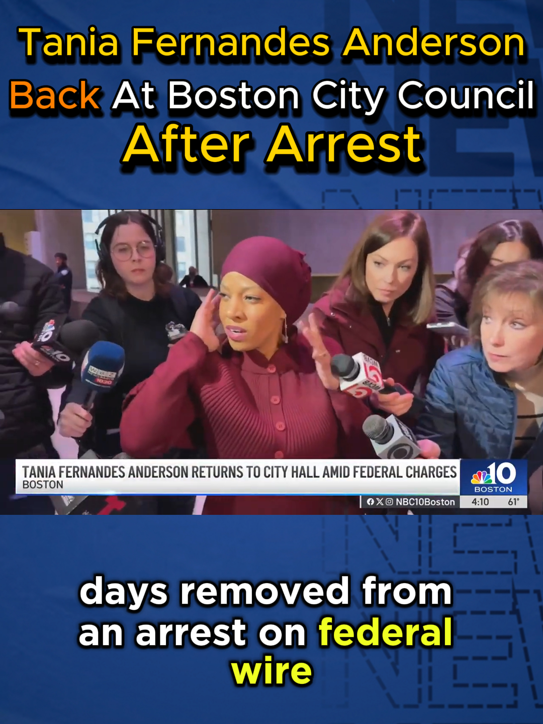 Boston City Councilor Tania Fernandes Anderson returned to her duties shortly after her arrest on federal corruption charges. On December 9, 2024, just days after her arraignment, she chaired a virtual city council hearing focused on historic racial harms and civil rights in District 7, signaling her intention to continue in her role despite calls for her resignation.  During the council's in-person meeting on December 11, Fernandes Anderson addressed the media, stating she would not step down and emphasized her commitment to her work. She remarked, 