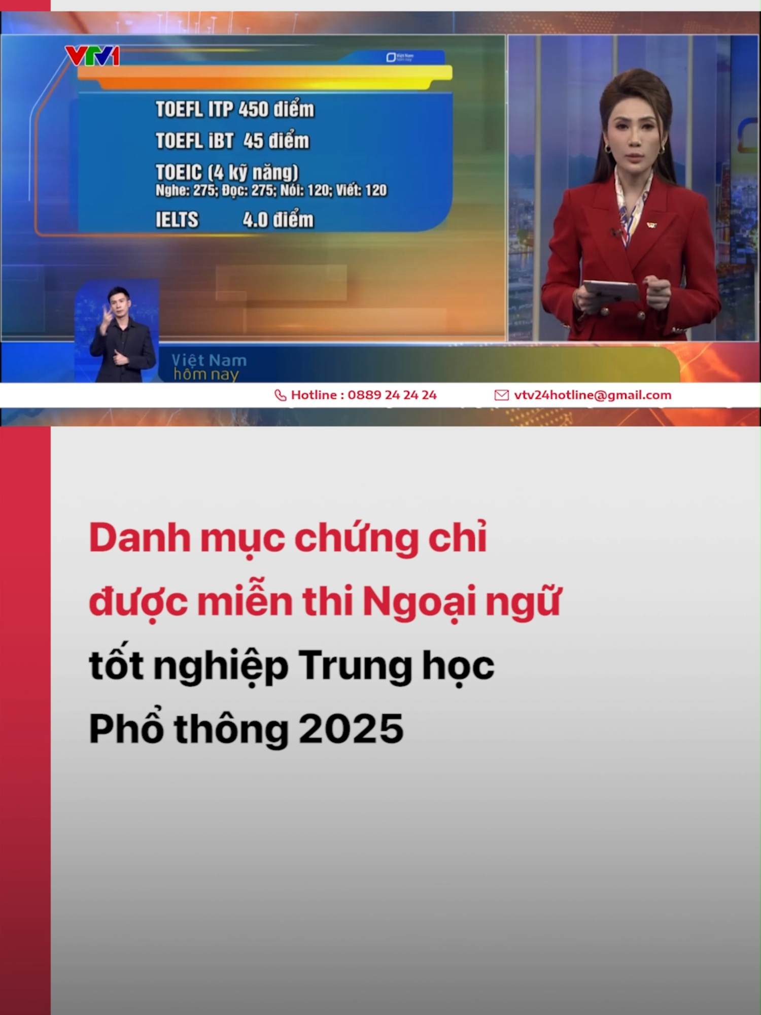 Trong danh mục các chứng chỉ được miễn thi Ngoại ngữ, có 12 chứng chỉ môn tiếng Anh, còn lại là chứng chỉ các môn tiếng Nga, Pháp, Đức, Nhật và Trung Quốc.  #tiktoknews #vtv24 #vtvdigital #thitotnghiepTHPT #chungchingoaingu