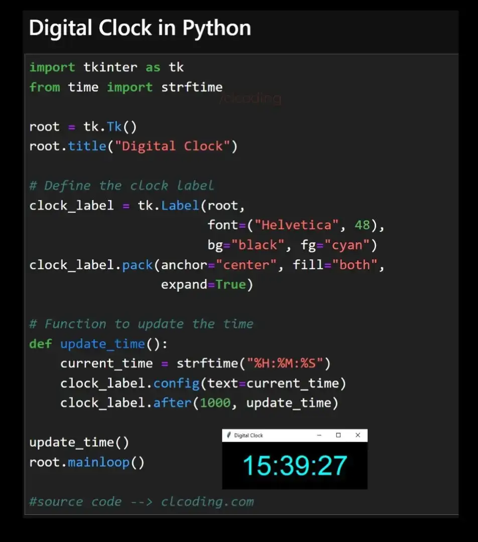 Digital Clock in Python #python #programming #developer #programmer #coding #coder #softwaredeveloper #computerscience #webdev #webdeveloper #webdevelopment #pythonprogramming #pythonquiz #ai #ml #machinelearning #datascience