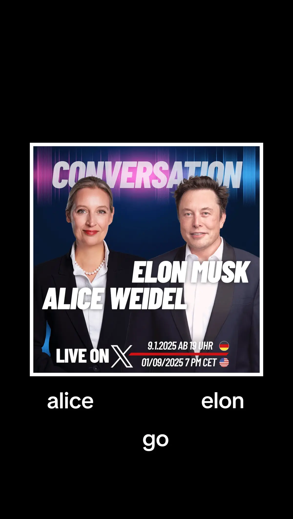 Am 9. Januar ab 19 Uhr findet der angekündigte Space mit Elon Musk und mir auf X statt. Wir freuen uns sehr auf das Gespräch und vor allem auf viele Zuhörer!#aliceweidel  #elonmusk 