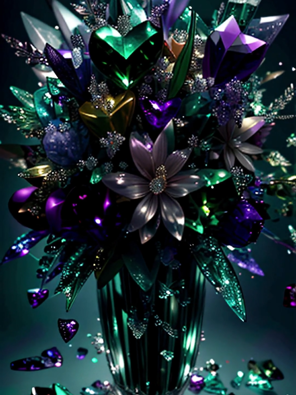 An intricate display of crystallized flowers with sharp, faceted petals in shades of emerald green and amethyst purple. The bouquet is accented with tiny, glowing heart-shaped jewels that twinkle softly, casting delicate light patterns on the vase and surrounding area. #livewallpaper #crystalflowers #heartjewels #luxurydesign #4kwallpapers #aiwallpapers #glowinghearts #refinedart 