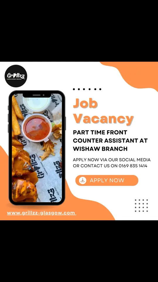 🔥 Join the Grillzz family!  We're hiring a part-time counter assistant at our Wishaw branch. If you’re passionate about great food and awesome service, we want to hear from you!  Apply now through our social media or give us a call at 0169 835 1414. Let’s grill together! 🍔✨  #JoinUs #GrillzzGlasgow #JobOpportunity