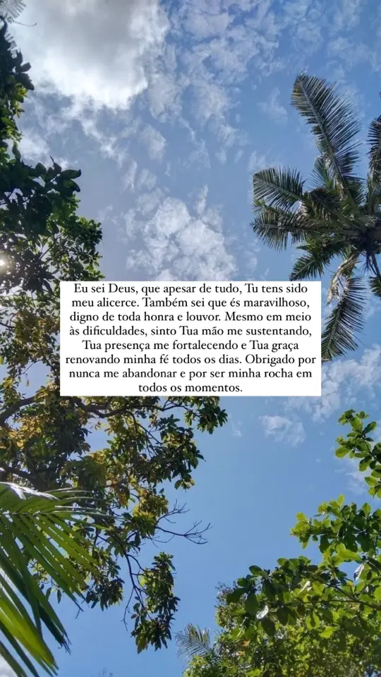 Eu sei Deus, que apesar de tudo, Tu tens sido meu alicerce. Também sei que és maravilhoso, digno de toda honra e louvor. Mesmo em meio às dificuldades, sinto Tua mão me sustentando, Tua presença me fortalecendo e Tua graça renovando minha fé todos os dias. Obrigado por nunca me abandonar e por ser minha rocha em todos os momentos.