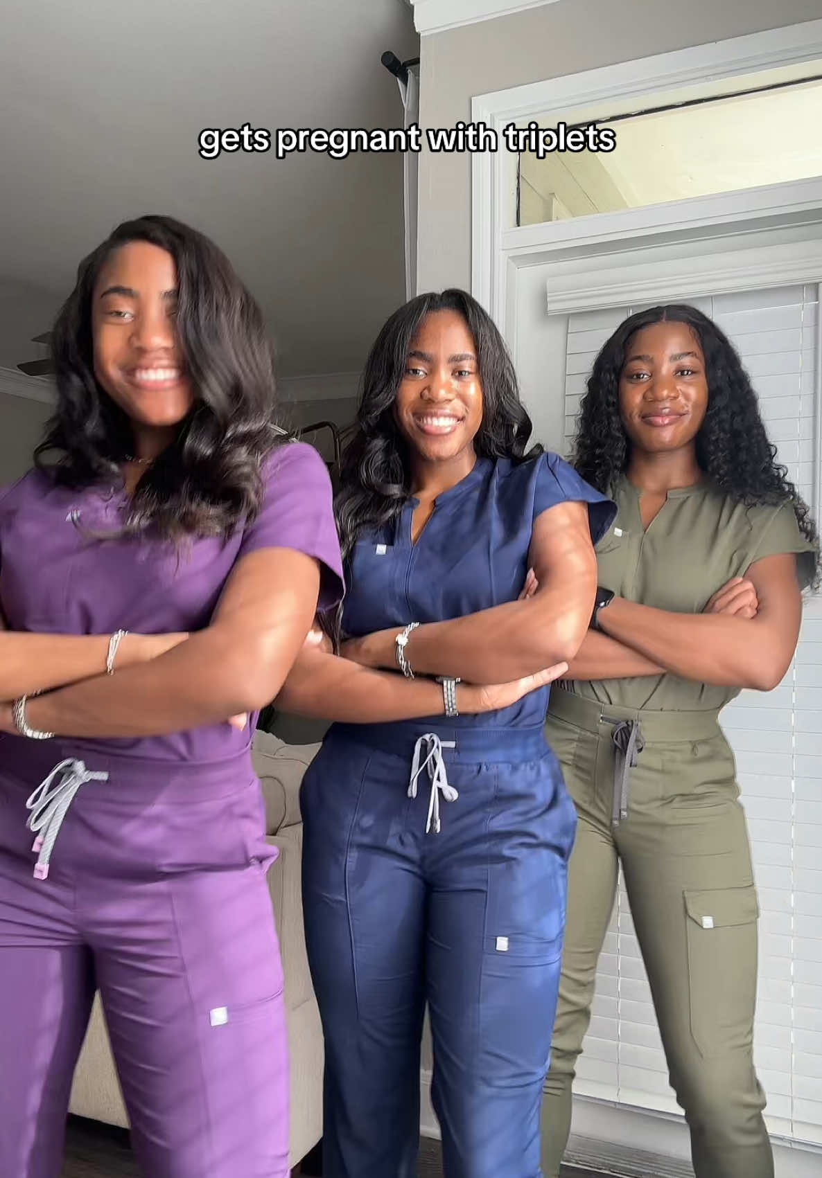 she told us she cried when she found out 🤣🤣 scrubs: @fabletics scrubs   #triplets #tripletsoftiktok #tripletgirls #tripletpregnancy #stephensontriplets #sisters #twins #fyp #trending #tripletnurses #nurse #nursesoftiktok 