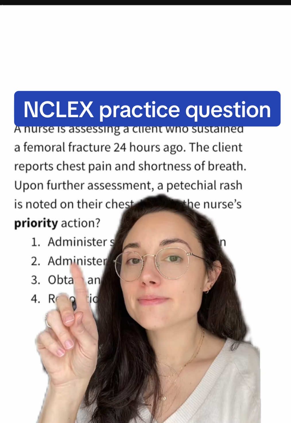 hey nursing students 🫶🏻✨ hang with us for 2 minutes to do this NCLEX question 🩺 correct answer: 1 ✅ (get access to our qbank through our live study group - link in bio, friends)  #greenscreen #fatembolism #musculoskeletal #nclexquestions #nclexquestionoftheday #studytok #nclexstudying #nursingschooltips #bsnstudent #studentnurse 