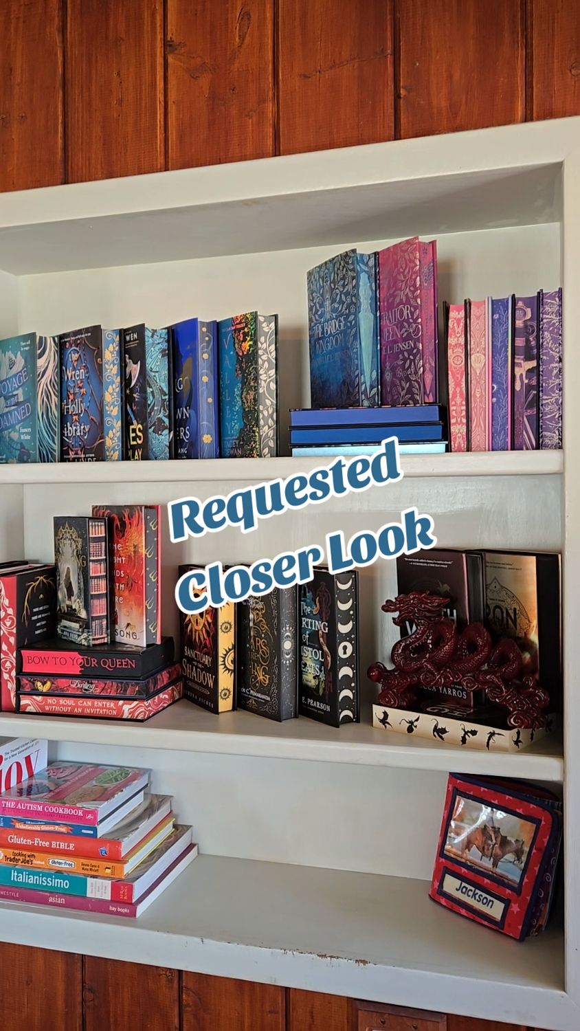 Replying to @nightgaze5  Cyber Monday books on my rearranged shelves! 💜🥰  Let me know if you want to see anything else, I love looking at my books! #videoreply #replytocomment #bookshelves #bookshelf #bookshelftour #bookhaul #prettybooks #newbooks #specialeditionbooks #specialedition #sprayededgebooks #sprayededges #BookTok #readersoftiktok #booktokfyp