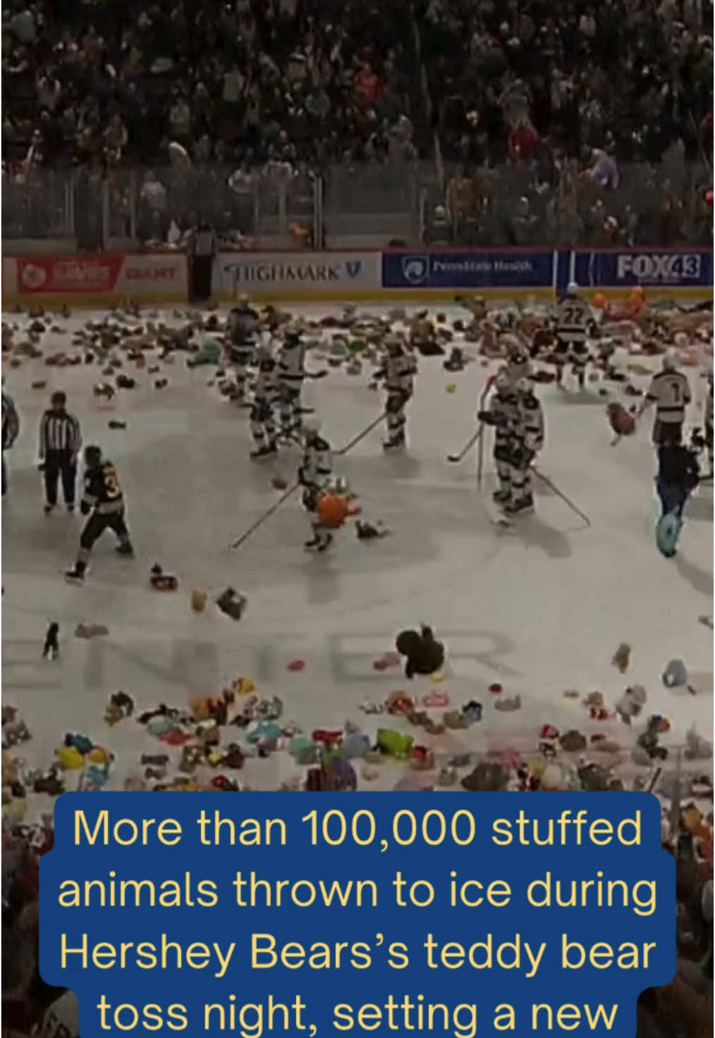 More than 100,000 stuffed animals rained down on the ice as part of the Hershey Bears teddy bear toss night, setting a new record! Video courtesy of Great Save Productions/Hershey Bears #teddybeartoss #ahl #hersheybears #hershey