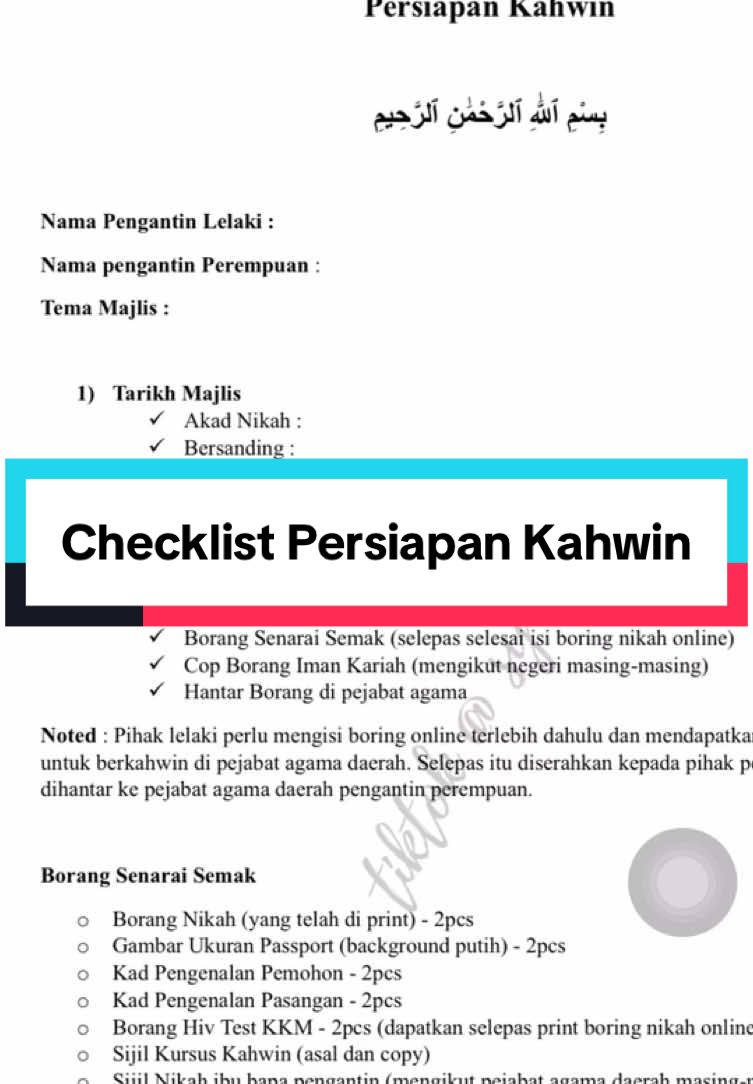 Bakal pengantin perlu ada checklist mcm ni untuk memudahkan urusan menuju hari bahagia🤲🏻 spe2 yg nk checklist perkahwinan ni boleh pm yer atau tekan link di bio (tekan link di bio, lps tu tekan 3 titik kat atas dan pilih open browser) #persiapannikah #persiapankahwin #listkahwin #listpersiapankahwin #checklistperkahwinan #fyp #fypシ #fypage #fyppppppppppppppppppppppp 