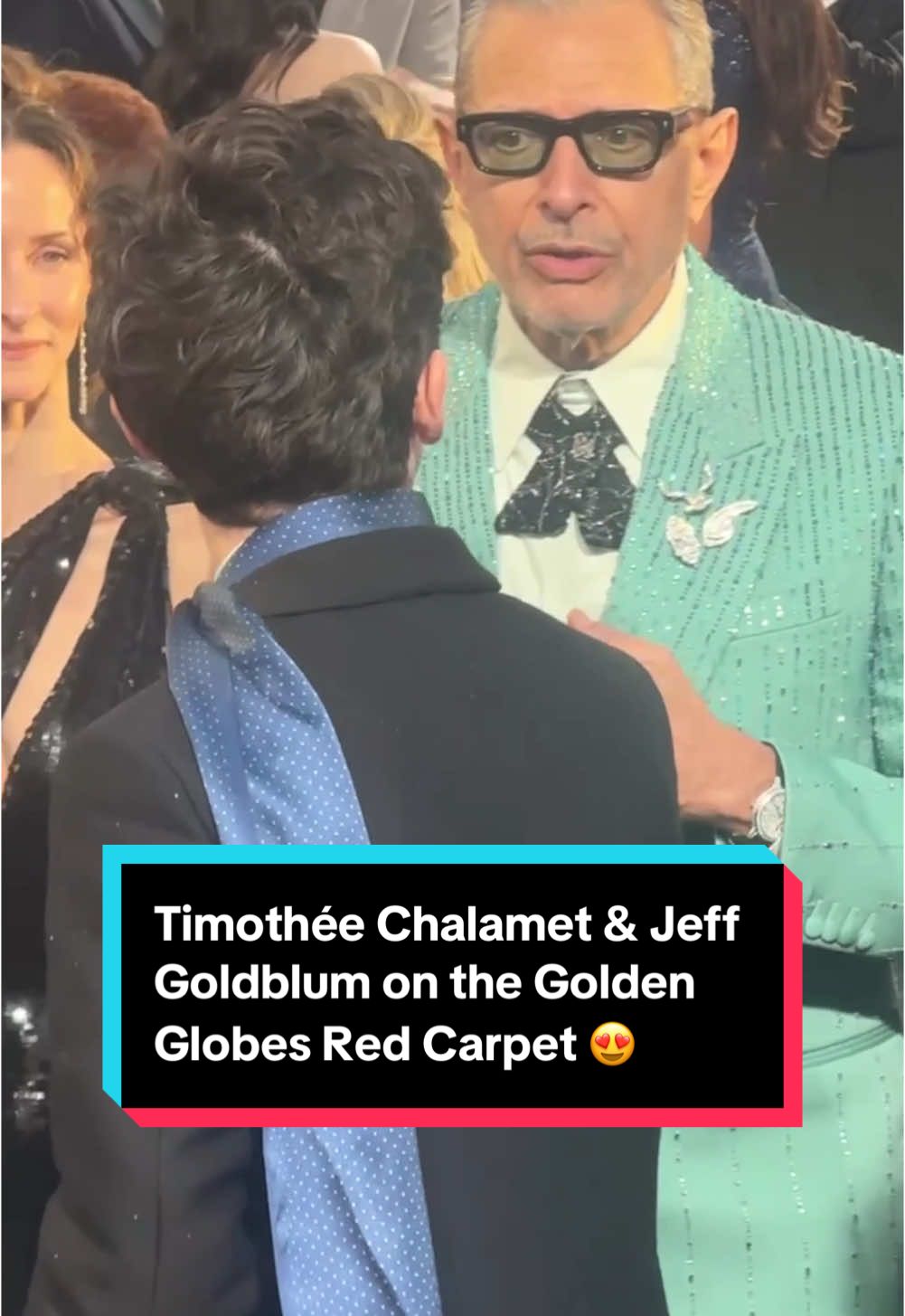 We'd love to know what #TimotheeChalamet and #JeffGoldblum were chatting about on the #GoldenGlobes #redcarpet. 🤭 #GoldenGlobes2025 #Wicked #ACompleteUnknown 