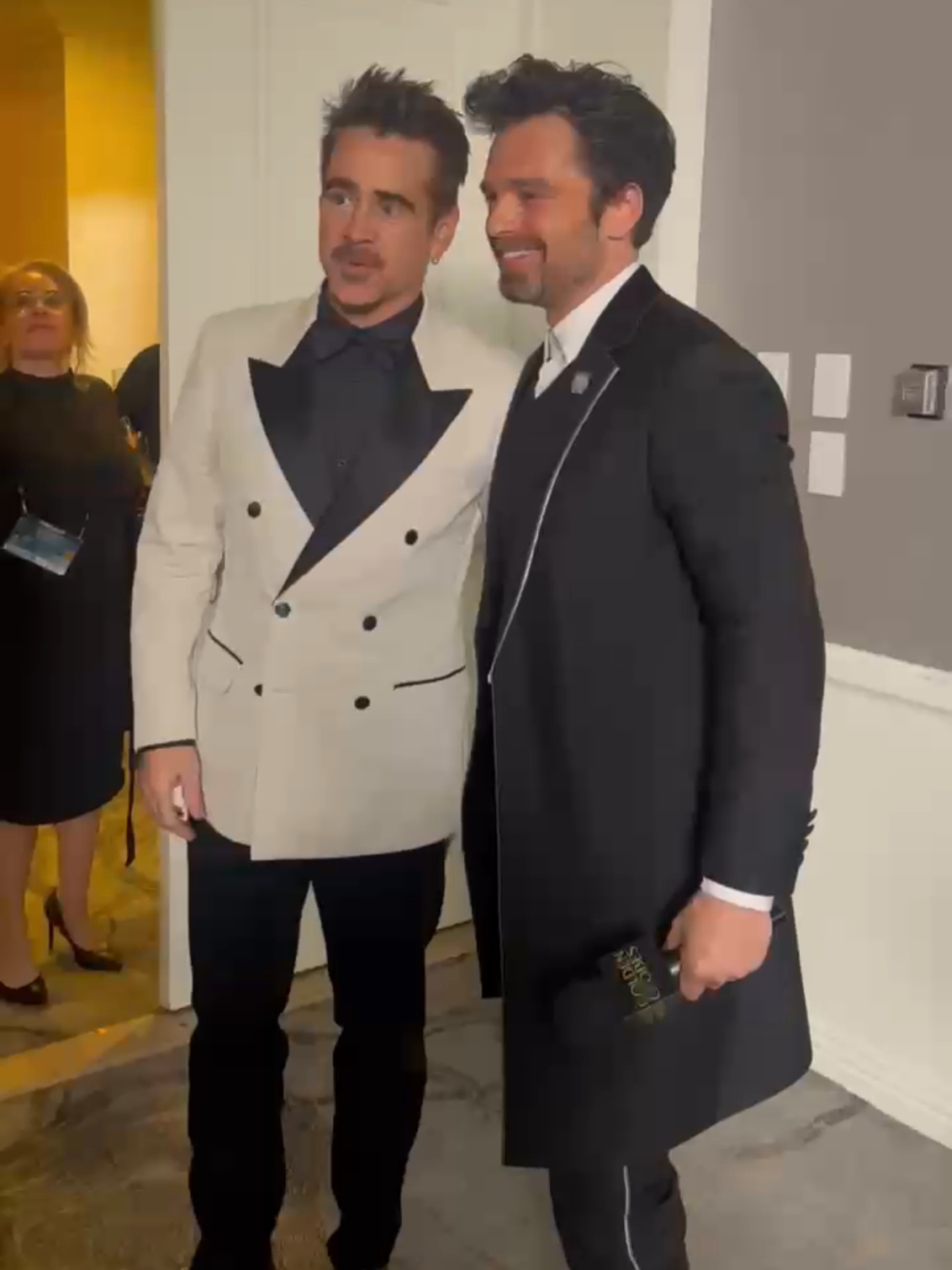 One leading man hyping another up 💥 backstage at the #GoldenGlobes