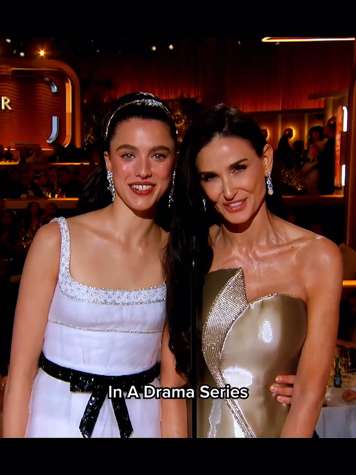 Margaret Qualley and Demi Moore channeled 'The Substance' while presenting at the #GoldenGlobes.