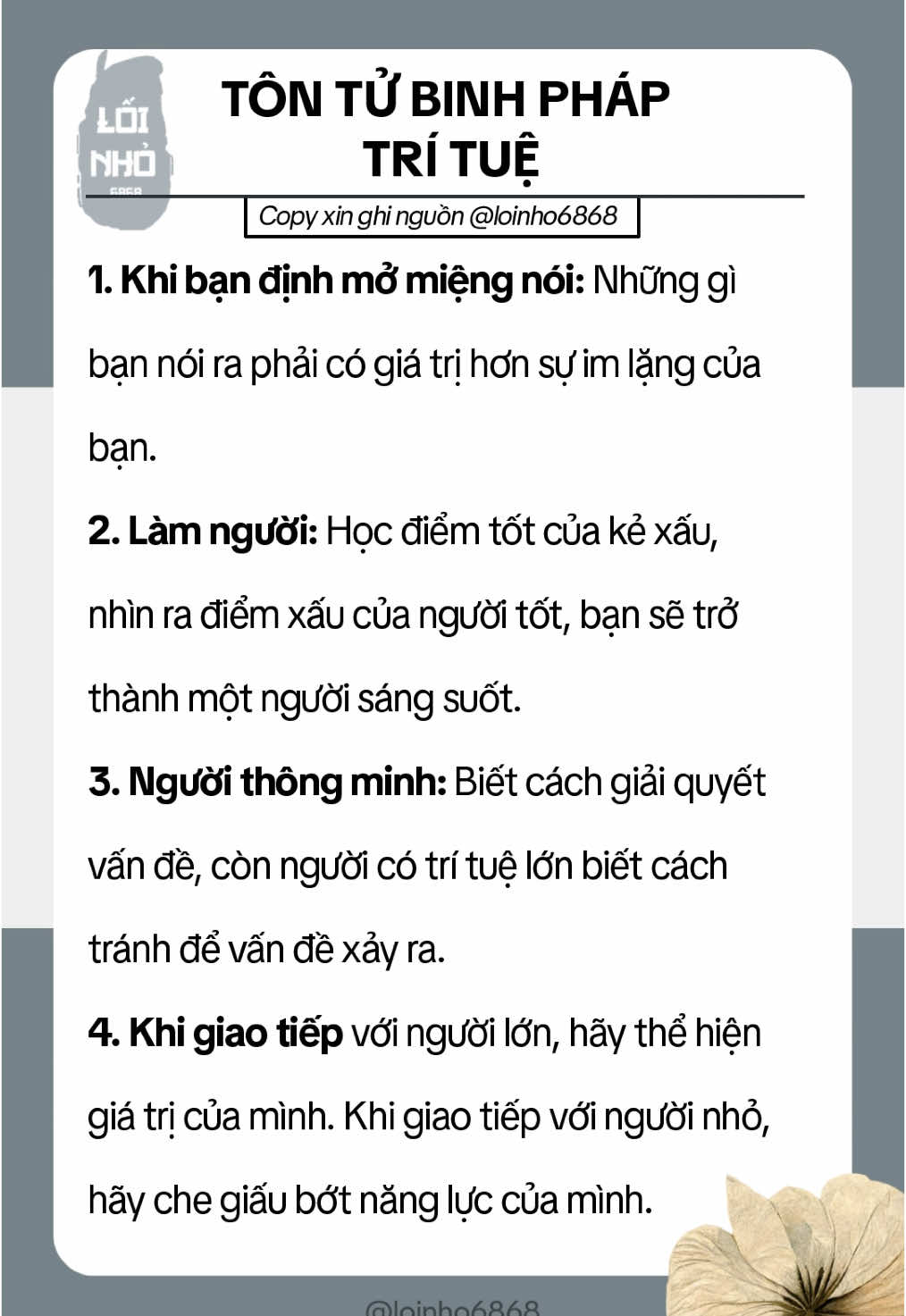 Hãy nghi nhớ! #binhphap #tichcuc #LearnOnTikTok #xuhuongtiktokk #suyngam #binhphaptontu #loinho6868