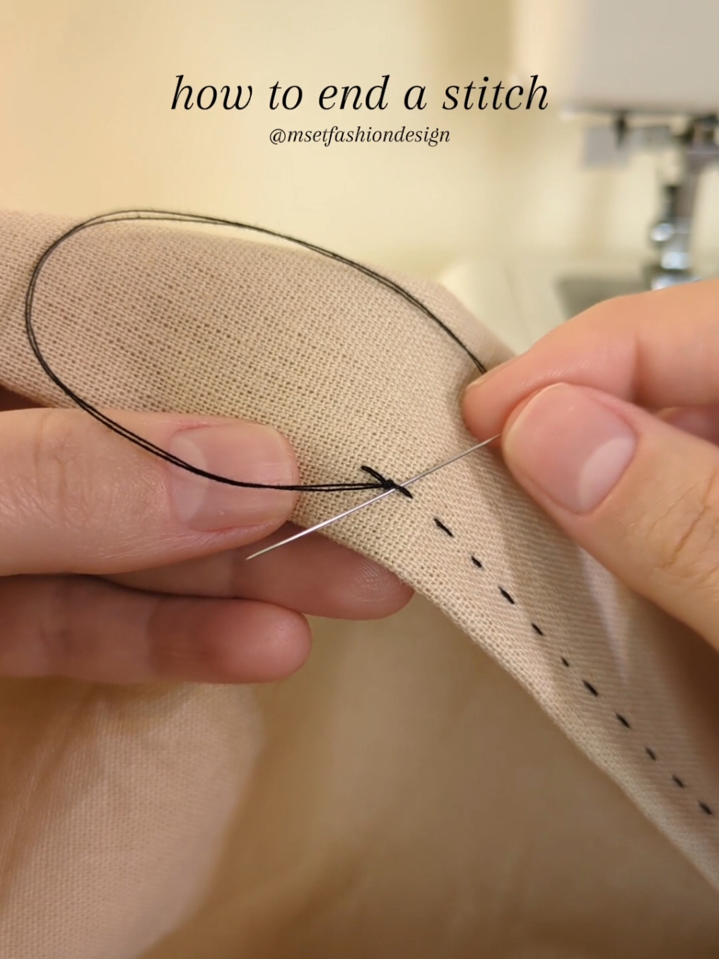 How to end a stitch: Read below 👇  Complete your final stitch and bring the needle to the WRONG SIDE of the fabric. On the wrong side, pass the needle through the last stitch you made to create a small loop, and then pass the needle through the loop to form the first knot. Pull it tight to secure it. Create a second knot by forming another small loop and passing the needle through it, then pulling it tight. Once you're sure the knots are secure, trim any excess thread. 🫶🪡✨ #sewingtiktok #handstitching #sewingforbeginners #fashiondesigner 