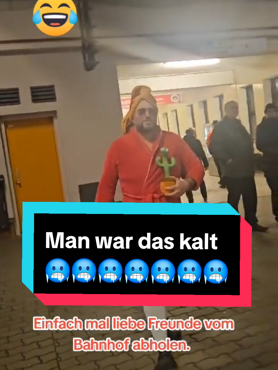 Letztes Jahr liebe Freunde vom Bahnhof abgeholt bei-8 Grad.🤣 #fy #foryou #foryoupage #tiktok #viral #funny #comedyvideo #bahnhof #bademantel #kaktus 