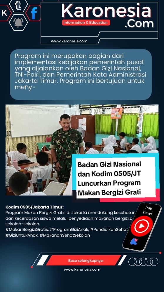 Badan Gizi Nasional bersama Kodim 0505/Jakarta Timur resmi meluncurkan program Makan Bergizi Gratis di Sekolah Dasar Negeri (SDN) 06 dan 07 Pulogebang, Kecamatan Cakung, Jakarta Timur, Senin (6/1/2025). Lounching makanan bergizi gratis juga dihadiri langsung oleh Wakil Kepala Staf Kepresidenan Muhammad Qodari yang bertujuan untuk mendukung kesehatan dan kecerdasan anak-anak melalui pemberian makanan bergizi di lingkungan sekolah. #MakanBergiziGratis, #ProgramGiziAnak, #PendidikanSehat, #GiziUntukAnak, #MakananSehatSekolah