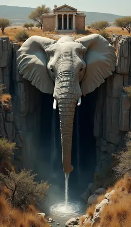 Le Temple de l'éléphant 🐘 The blend of ancient Greek architecture and African wildlife in this surreal scene. A colossal elephant head emerges from the cliff face, its trunk creating a mystical waterfall that spirals into the depths below. Above, a classical Greek temple stands proud against the golden savanna landscape, creating a unique fusion of mythology, nature, and architectural grandeur in harmony. #ElephantArt #beautifullandscape#SurrealArt #waterfallsoftiktok #FantasyLandscape #MythicalArt #DreamScape #AfricanWildlife #MagicalNature #Savanna #aianimation 🎵Bardify - Desert Music