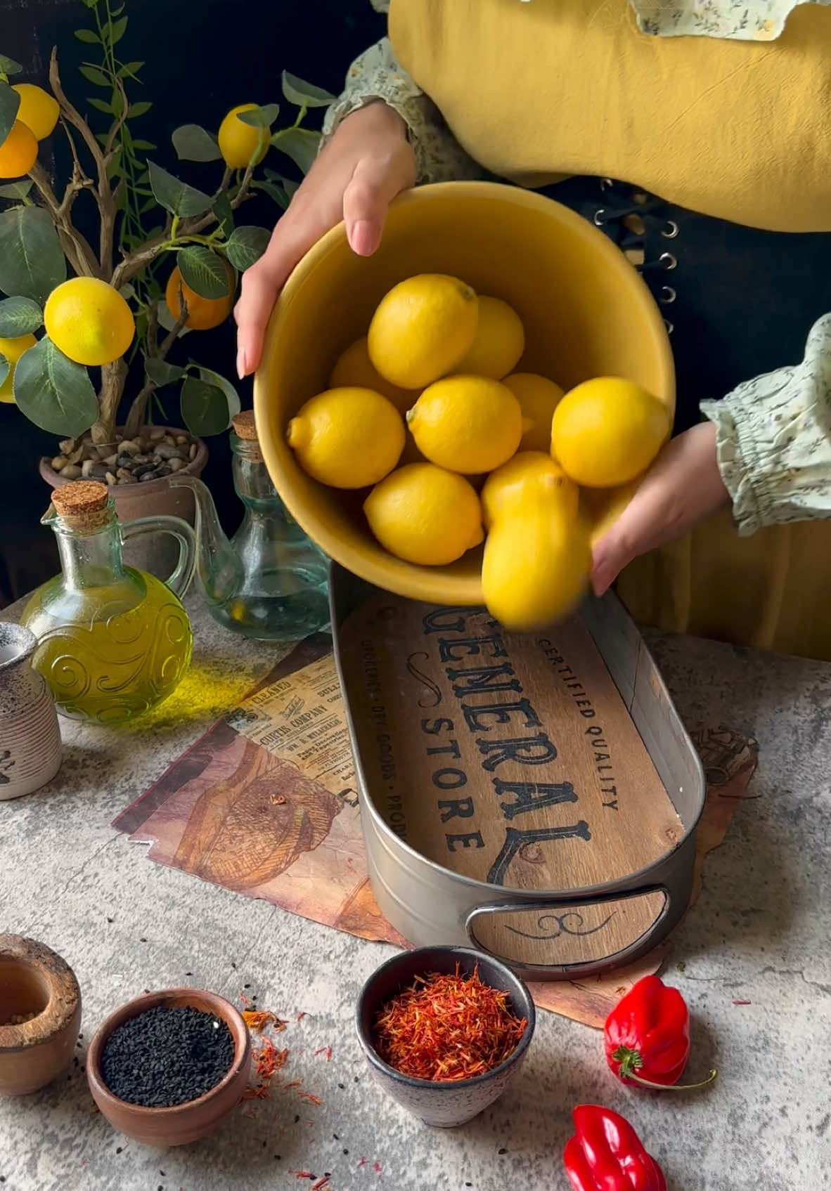 Egyptian🇪🇬#Pickled #Lemons: A Unique Twist on Traditional Pickles الليمون المخلل  المصري بالعصفور وحبه   البركه Ingredients 	•	1 kg small yellow lemons 	•	1/2 cup safflower 	•	2 tablespoons nigella seeds 	•	5 tablespoons salt (a mix of fine and coarse salt is recommended) 	•	1 liter water 	•	1 tablespoon vinegar 	•	1 tablespoon sugar 	•	1/4 cup lemon juice 	•	1/4 cup olive oil or regular oil (optional for preservation) 	•	1 large carrot, grated 	•	2 red chili peppers (optional) 	•	1 tablespoon turmeric (optional) 	•	Green and red whole chilies for pickling with the lemons (optional) Instructions 1. Preparing the lemons: 	•	Wash the lemons thoroughly and bring a pot of water to a boil. 	•	Make a small cut on each lemon (do not cut all the way through). 	•	Boil the lemons in the water for 5-10 minutes to soften the peel (10 minutes for faster curing). 	•	Drain the lemons and let them cool completely. 2. Making the stuffing: 	•	Mix the safflower, nigella seeds, grated carrot, chili peppers, 3 tablespoons of salt, and oil. 	•	Stuff the cuts in the lemons with this mixture. 3. Preparing the brine: 	•	In a bowl, mix the water with the remaining salt, lemon juice, vinegar, sugar, turmeric, and 2 tablespoons of the stuffing mixture. 	•	Stir well until the salt dissolves completely. 4. Assembling the jar: 	•	Place the stuffed lemons in a sterilized glass jar. 	•	Add the whole green and red chilies between the layers of lemons. 	•	Pour the prepared brine over the lemons until fully submerged. 	•	For longer preservation, add a layer of olive oil on top. 5. Storing: 	•	Seal the jar tightly and store it in a cool, dark place for one week to allow the lemons to cure. Serving Suggestions Once cured, serve the pickled lemons with traditional Egyptian dishes such as fava beans, falafel, or grilled meats. The unique flavors from the safflower and nigella seeds make this recipe truly special! المكونات 	•	1 كيلو ليمون أصفر صغير الحجم (ماتستخدميش ليمون الديك ليهيطه زي اللي عندي ده عشان ماعنديش غيره 🤣🤭”). 	•	1/2 كوب عصفر. 	•	2 ملعقة كبيرة حبة البركة. 	•	5 ملاعق طعام ملح (يفضل خليط بين ناعم وخشن). 	•	1 لتر ماء. 	•	1 ملعقة كبيرة خل. 	•	1 ملعقة كبيرة سكر. 	•	1/4 كوب عصير ليمون. 	•	1/4 كوب زيت زيتون أو زيت عادي (اختياري للتغطية والحفظ). 	•	جزرة كبيرة مبشورة. 	•	2 قرن فلفل أحمر حار (اختياري). 	•	1 ملعقة كبيرة كركم (اختياري). 	•	فلفل أخضر وأحمر صحيح للتخليل مع الليمون (اختياري). الطريقة 1. سلق الليمون: 	•	اغسلي الليمون جيدًا، واغلي كمية من الماء. 	•	اصنعي شقًا صغيرًا على سطح كل ليمونة (لا تكملي الشق للنهاية كما موضح بالفيديو). 	•	اسلقي الليمون في الماء المغلي لمدة 5-10 دقائق فقط لتطرية القشرة (إذا كنتِ تريدين تسريع النضج، اتركيه لمدة 10 دقائق). 	•	صفيه جيدًا واتركيه ليبرد. 2. الحشو بالعصفر وحبة البركة: 	•	اخلطي العصفر مع حبة البركة، الجزر المبشور، الفلفل الحار، 3 ملاعق كبيرة من الملح، والزيت. 	•	احشي شقوق الليمون بهذا الخليط. 3. تحضير محلول التخليل: 	•	في وعاء، اخلطي الماء مع باقي كمية الملح، عصير الليمون، الخل، السكر، و2 ملعقة كبيرة من خليط الحشو والكركم  	•	قلبي جيدًا حتى يذوب الملح تمامًا. 4. رص الليمون في البرطمان: 	•	ضعي الليمون المحشي في برطمان زجاجي معقم. 	•	أضيفي الفلفل الأخضر والأحمر الصحيح بين طبقات الليمون. 	•	صبي محلول التخليل فوق الليمون حتى يُغطيه تمامًا. 	•	إذا أردت حفظه لفترة أطول، أضيفي طبقة من زيت الزيتون على السطح. 5. التخزين: 	•	غطي البرطمان بإحكام، واتركيه في مكان جاف ومظلم لمدة أسبوع حتى ينضج. التقديم بعد النضج، قدمي الليمون المخلل مع الأكلات المصرية مثل الفول، الطعمية، أو المشاوي. يتميز بنكهته الرائعة بفضل العصفر، حبة البركة، والإضافات اللذيذة!