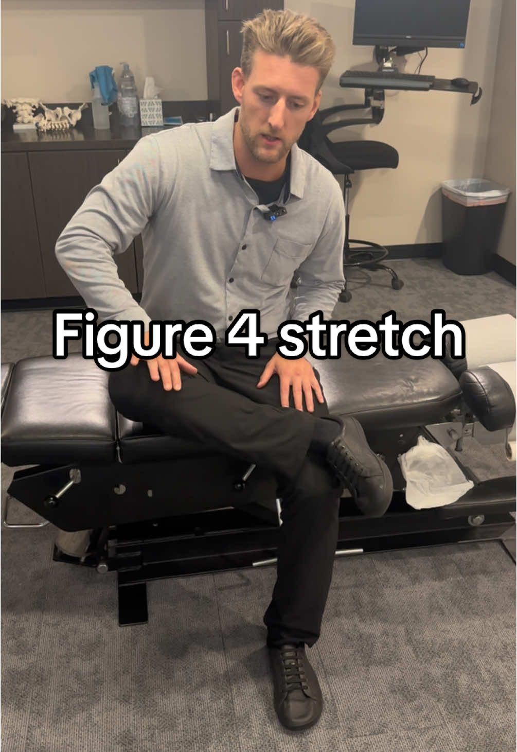 Figure 4 Stretch (Seated Version) 	1.	Start Position: 	•	Sit on the edge of a chair or bench with your feet flat on the ground. 	2.	Set the Position: 	•	Cross your right ankle over your left thigh, just above the knee. Your right leg should make a “4” shape. 	3.	Engage the Stretch: 	•	Sit up tall and press down gently on your right knee to deepen the stretch. 	•	For a more intense stretch, hinge forward slightly at the hips while keeping your back straight. 	4.	Hold: 	•	Hold the stretch for 30–45 seconds while breathing deeply. 	•	Return to the upright position and relax. 	5.	Switch Sides: 	•	Uncross your right leg, place your foot back on the ground, and repeat on the other side. This stretch targets the piriformis muscle, hips, and glutes. It’s excellent for relieving tightness in the hips and lower back.