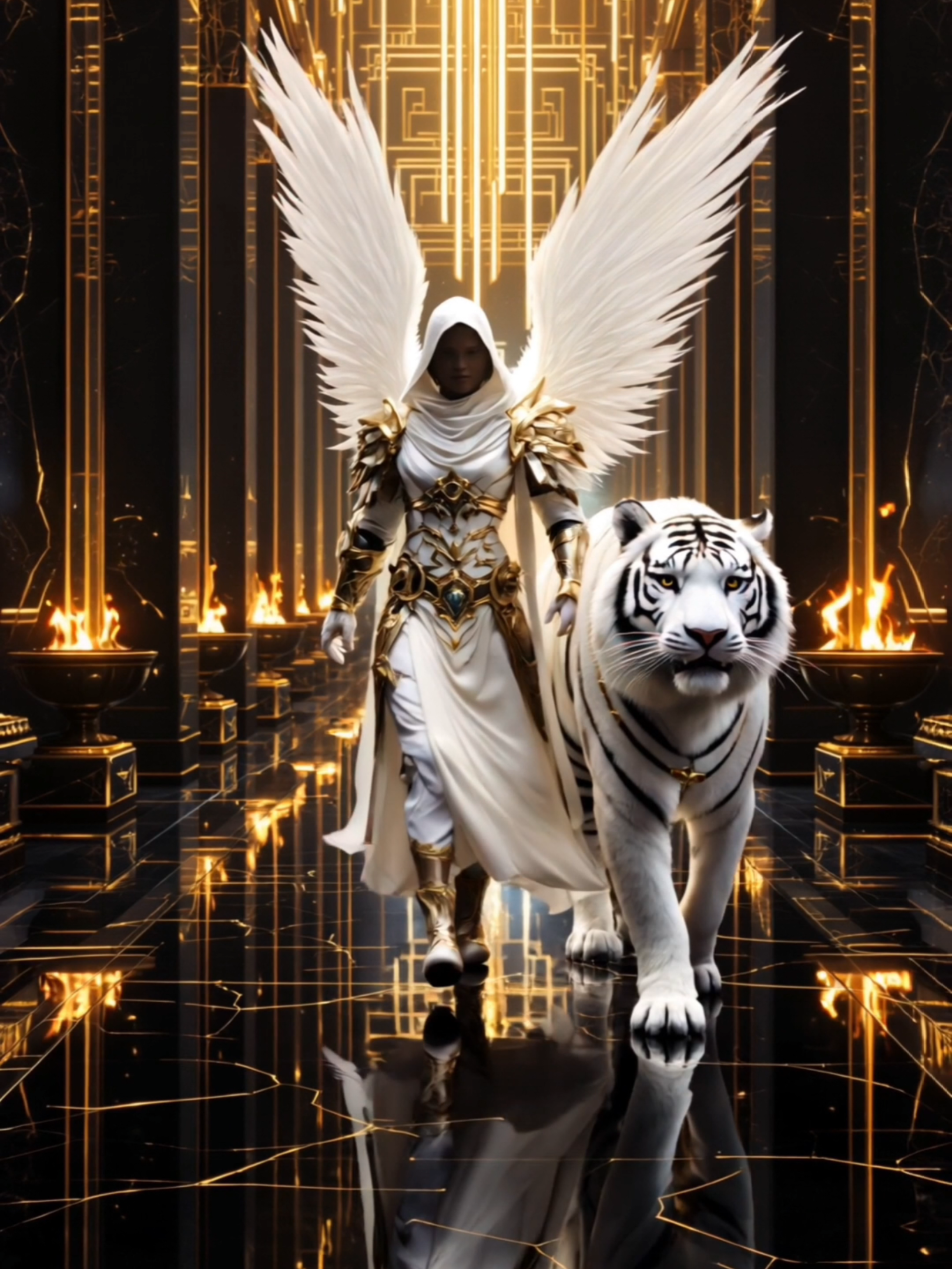 Behold the majestic angel of light walking alongside a powerful white tiger in a realm of golden flames and divine energy. Witness the perfect balance between power and grace, where light meets strength in this mesmerizing 4K live wallpaper. Ideal for phone screens and fantasy lovers. Let the guardian's aura illuminate your display! #livewallpaper #4klivewallpaper #angel #tiger #godsarmy #warriors #devine #fantasyart #fyp #fyi 