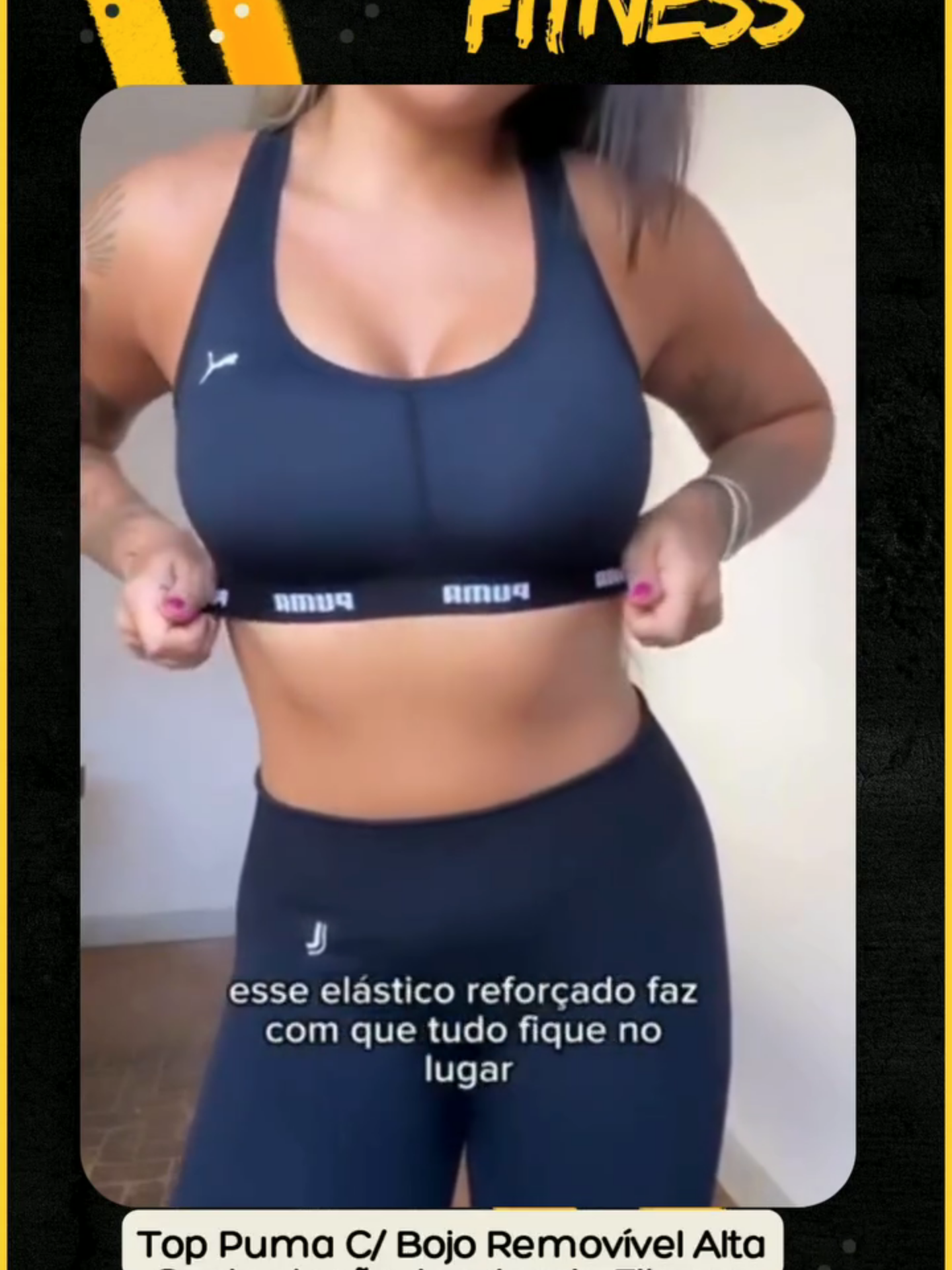 Link do produto: https://mercadolivre.com/sec/2Dafemd . Top Puma Com Bojo Removível Alta Sustentação Academia Fitness . O Top Puma é leve e confortável, feito em microfibra. Possui bojo espumado removível, sem aro, que acomoda bem os seios. A base é em tecido duplo com a marca em contraste, e as laterais têm tecnologia sem costura. As alças largas e não reguláveis oferecem sustentação e segurança, e as costas têm modelagem nadador. . CARATERÍSTICAS: - Conforto e sustentação. - Conforto térmico. - Decote e cavas com acabamento reforçado. - Pontos de compressão para suporte e contrapeso muscular. - Pontos de ventilação estratégicos. - Elástico reforçado. . TABELA DE TAMANHOS: - P - M - G - EG . COMPOSIÇÃO TECIDO - 90% Poliamida - 10% Elastano . COMPOSIÇÃO BOJO - 100% Poliéster . COMPOSIÇÃO FORRO - 100% Poliamida . #Fitness #academia #musculação #compras #produtos #moda #mulher #feminino #roupafeminina #look #malhar #top #treinar