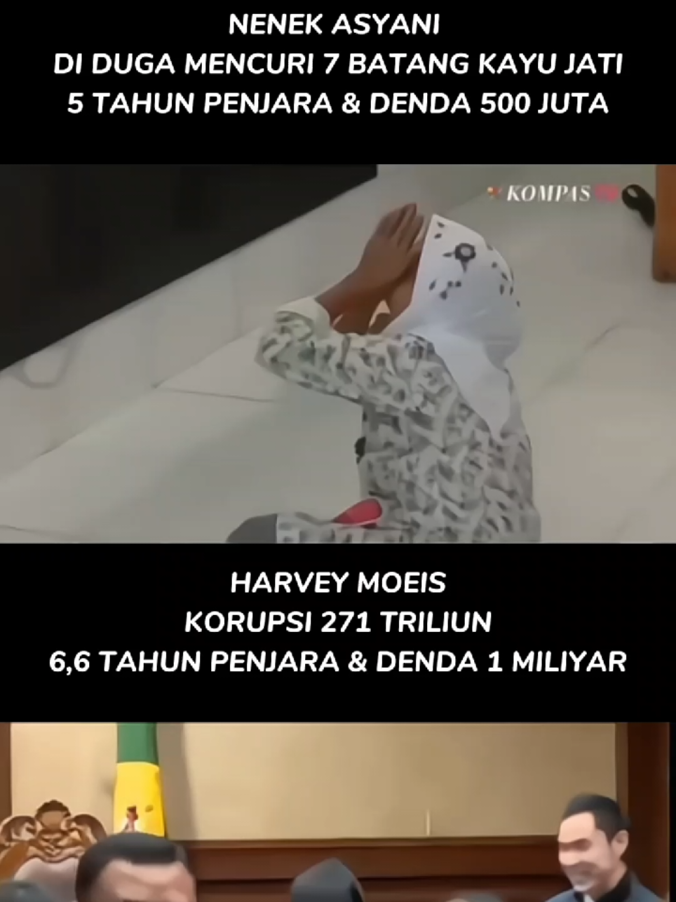 Beda penanganan hukum antara nenek asyani dan harvey moeis. hukum terlihat tegas jikalau terdakwa dari kalangan orang miskin,meskipun kasusnya tidak terlalu berat. beda penanganan hukum yang mana terdakwanya dari kalangan pejabat/orang kaya,meskipun kasus nya sangat berat tapi dan merugikan negara namun terkesan penanganannya sangat ringan dalam segi hukuman. apakah sila kelima yang berbunyi keadilan bagi seluruh rakyat Indonesia sudah berubah menjadi keadilan bagi orang yang mempunyai jabatan dan harta saja? RIP HUKUM INDONESIA 🪦🪦 #kasuskorupsi271t  #harveymoeis  #nenekasyani 