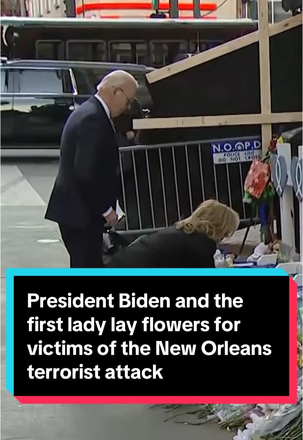 President Biden and First Lady Jill Biden traveled to New Orleans on Monday to console families of victims killed in the Bourbon Street terrorist attack, laying flowers before attending a memorial service. #news #neworleans #bourbonstreet #biden #jillbiden 