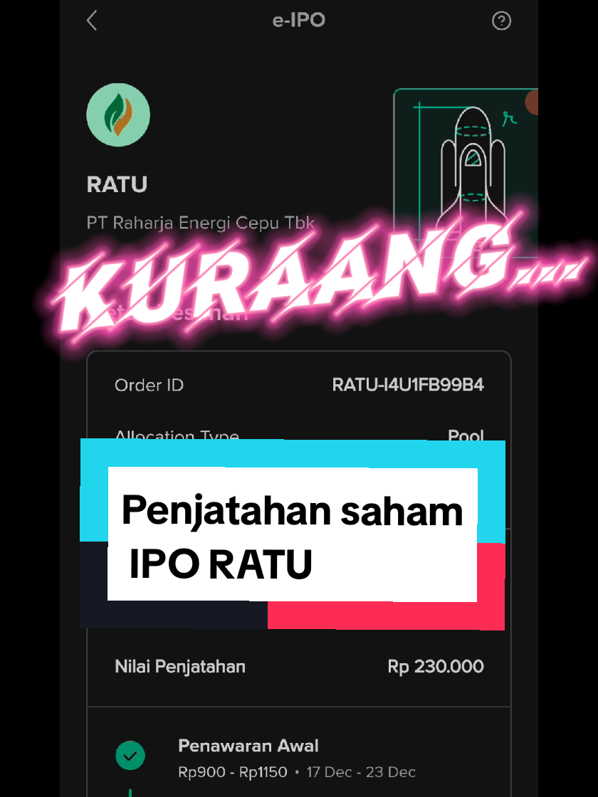 Hasil penjatahan saham IPO RATU , kelen dapat berapa? cukup gak, Komen dong  #sahamipo #ipohunter #saham 