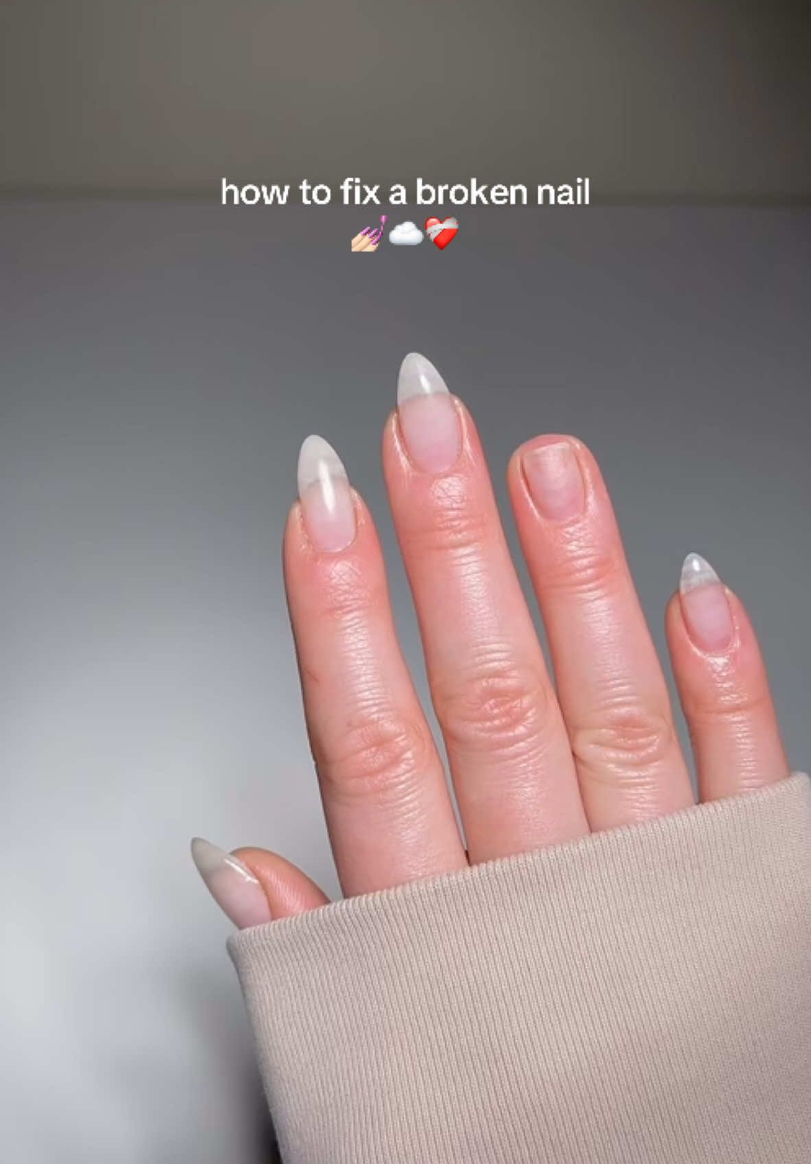 how to fix a broken natural nail ❤️‍🩹 details below 👇🏻  Step 1: Buff the natural nail lightly with the @melodysusie_official drill. Step 2: Apply acetone to the nail.  Step 3: Apply Base Gel Mild from @americancreator.tm and cure. Step 4: Apply a form and use Acrylate gel to build out your nail then cure. You can dip your brush in acetone to move the product around more smoothly.  Step 5: Buff and shape your nail. Step 6: Use @gelcare.official gels to match your nail and cure.  Step 7: Apply @luminary_nail_systems primer and builder gel over your nail and cure.  Step 8: Apply cuticle oil & lotion to rehydrate and you are done. 🤍 I hope this helps.  Psa: these are my natural nails I just fixed this one to match all of the rest. 🤍 #asmr #naturalnails #nails #nailtutorial #howto #SelfCare