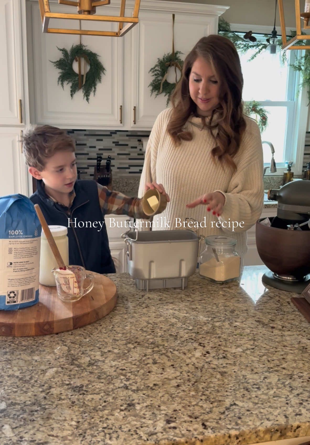 BUTTERMILK HONEY BREAD (BREAD MACHINE) Yields: a 2 pound loaf INGREDIENTS •1/2 cup water (a little warmer then room temperature) •3/4 cup buttermilk •3 T butter, softened and cut into pieces •1/4 cup honey •3 cups bread flour •1 1/2 tsp salt •2 1/4 tsp yeast (or 1 packet) Put the ingredients in the pan in the order your bread machine suggests. Mines says the following order:  1. Put the water, buttermilk & honey in the pan. 2. Dump the flour and salt in the pan next. 3. Make a well in the flour and pour your yeast into the well. 4. Snap the pan into the bread machine, select your loaf type (I use the Basic Bread, Medium Crust setting) and press START!  #familyrecipe #bakingwithkids #breadrecipe #breadmachinerecipe #recipetok #bakingrecipe #bakingtiktok 