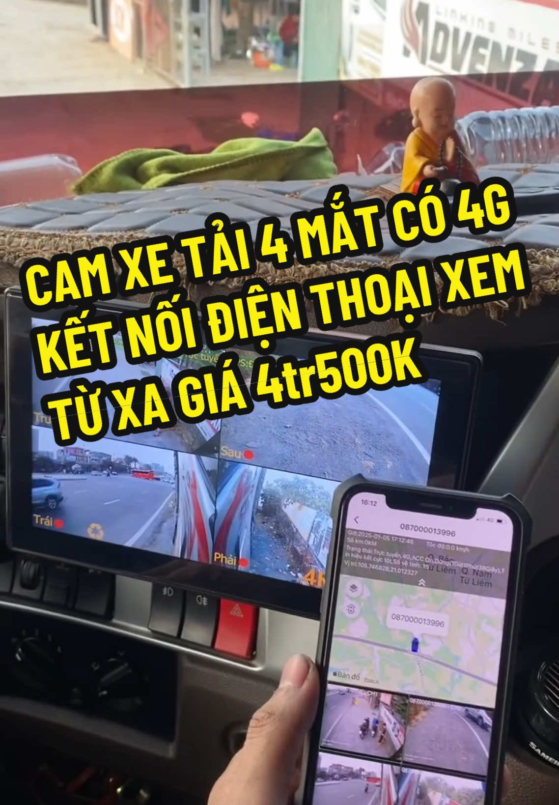 Cam xe tải 4 mắt 4G tích hợp định vị xe, xem video từ xa, màn 10 inch cảm ứng. Lắp sim mạng. Sử dụng điện 12-24V 