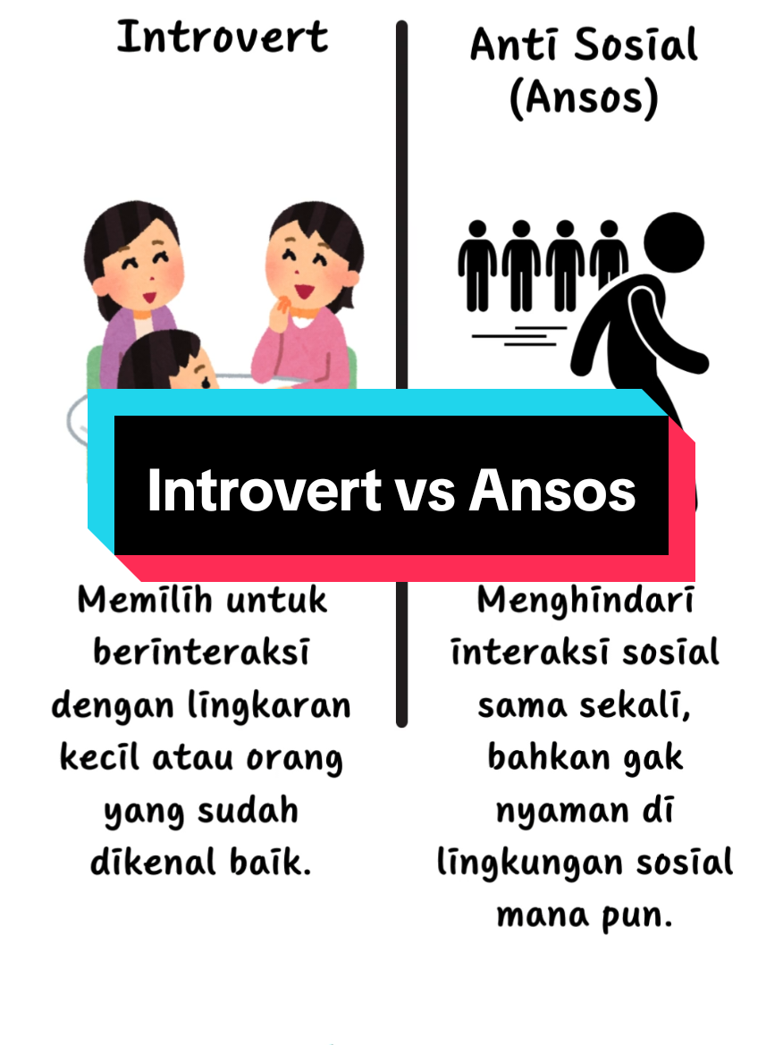 Introvert dan antisosial sering kali disalahpahami sebagai hal yang sama. Padahal antisosial adalah gangguan kepribadian, sedangkan introvert hanyalah tipe kepribadian yang normal dan sehat.