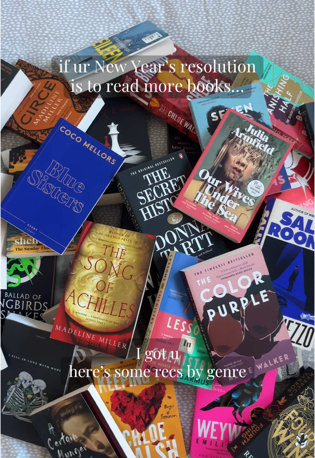 starting ur reading journey can be SO intimidating… I hope this helps xo Obvs this is a non-exhaustive list but some good recs to get started!! #booksforbeginners #newyearsresolution #bookrecsbygenre #thrillerbooks #sadbooks #dystopianbooks #historicalfiction #weirdbooks #fantasybooktok #darkacademiabooks 