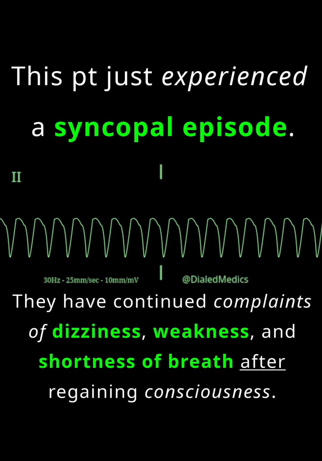 🖥️⚡🫀 In this video we see an EKG tracing from a patient post-syncopal episode, now awake and alert. They have continued symptoms indicating hemodynamic instability, and their ECG reveals sustained unstable ventricular tachycardia with a pulse. Synchronized cardioversion is successfully performed, converting the pt to a sinus rhythm with polymorphic ectopy (premature ventricular contractions).  Ventricular Tachycardia with a pulse is unstable when it is accompanied by signs and symptoms of hemodynamic compromise such as: hypotension, acutely altered mental status, signs of shock, ischemic chest discomfort, acute heart failure, etc. In these cases, immediate synchronized cardioversion is called for. If appropriate, and able to be administered without delaying the shock, sedation and analgesia should be provided prior to synchronized cardioversion. 🎉 Bonus Question: What sedation and / or analgesic medications and doses are appropriate prior to cardioversion? All EKG recordings are from the EKG rhythm generator on my website (LII rhythms only for now, 12Ls are in beta and coming soon), be sure to check it out for more software generated #ECG practice! (Link in bio.) #EMS #ACLS #emstok #paramedic #paramedicsoftiktok #medic #medicsoftiktok #flightmedic #criticalcareparamedic #paramedicstudent #paramedicschool #emta #emtb #emt #emtlife #emtsoftiktok #emtstudent #emtschool #firstresponders #NREMT #nurse #nursesoftiktok #RN #nursingstudent #nursingschool #flightnurse #criticalcarenurse #emergencynurse #NCLEX #nclexrn #nclexprep #doctor #doctorsoftiktok #medicalstudent #USMLE #emergencymedicine #criticalcare #cardiology #foamed 