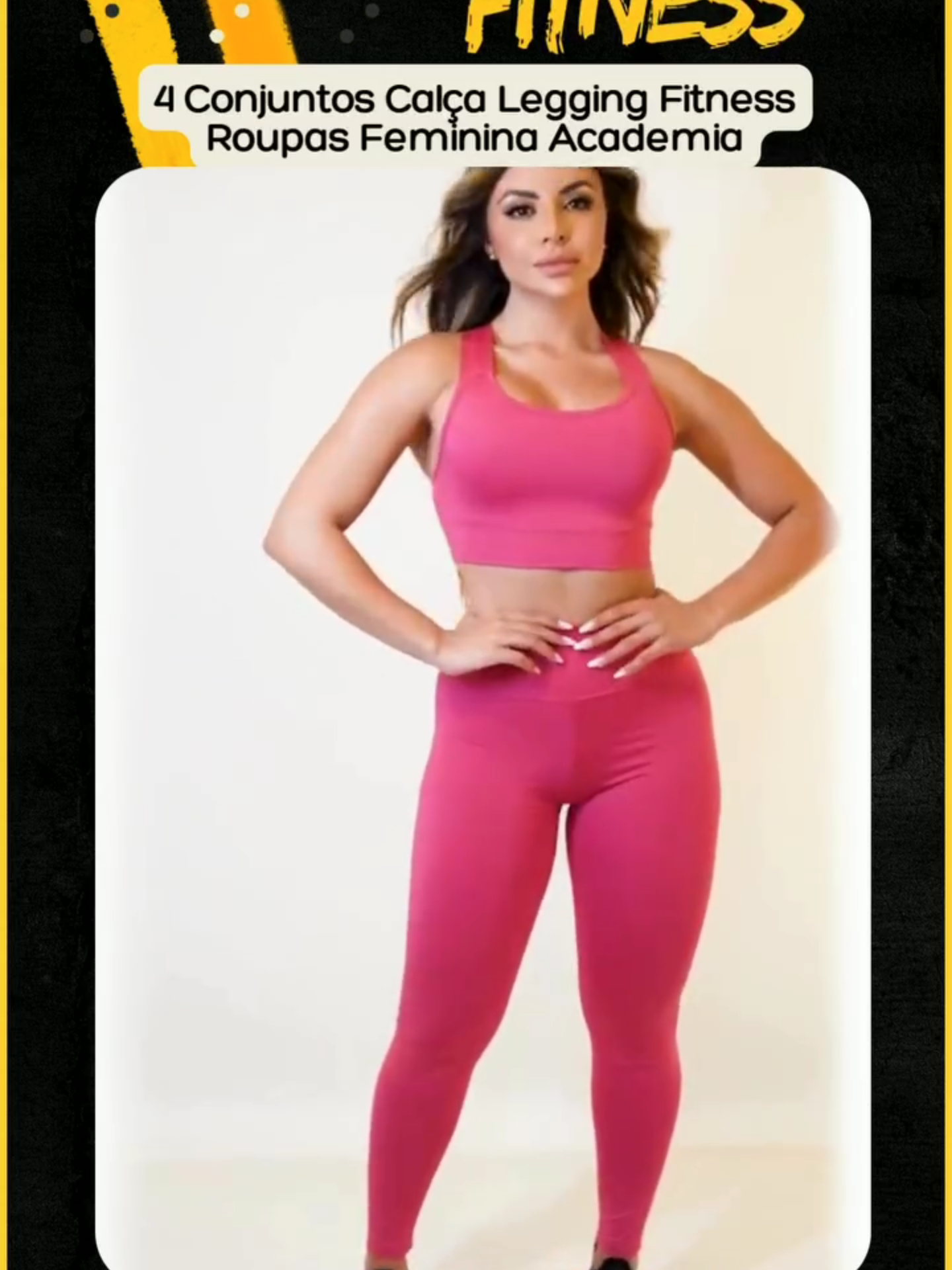 Link do produto https://mercadolivre.com/sec/2sCTmsf . 4 Conjuntos Calça Legging Fitness Roupas Feminina Academia . Produto fabricado em tecido de alta qualidade com fibras super resistentes. Nossas Calças, Shorts e Bermudas possuem Cós anatômico Duplo de Cintura Alta, o que garante firmeza na peça modelando a silhueta durante o treino. . * Indicado para exercícios e atividades aeróbicas; * Tecido flexível e macio, bastante resistente e com ótimo caimento; * Não é necessário passar e não cria bolinhas; * Durável, não desbota nem desfia; . > 90% Poliéster / 10% Elastano > Gramatura do Suplex --> 300G . #Fitness #academia #musculação #compras #produtos #moda #mulher #feminino #roupafeminina #look #malhar #treinar #camiseta #top #conjuntofeminino #camisa #legging