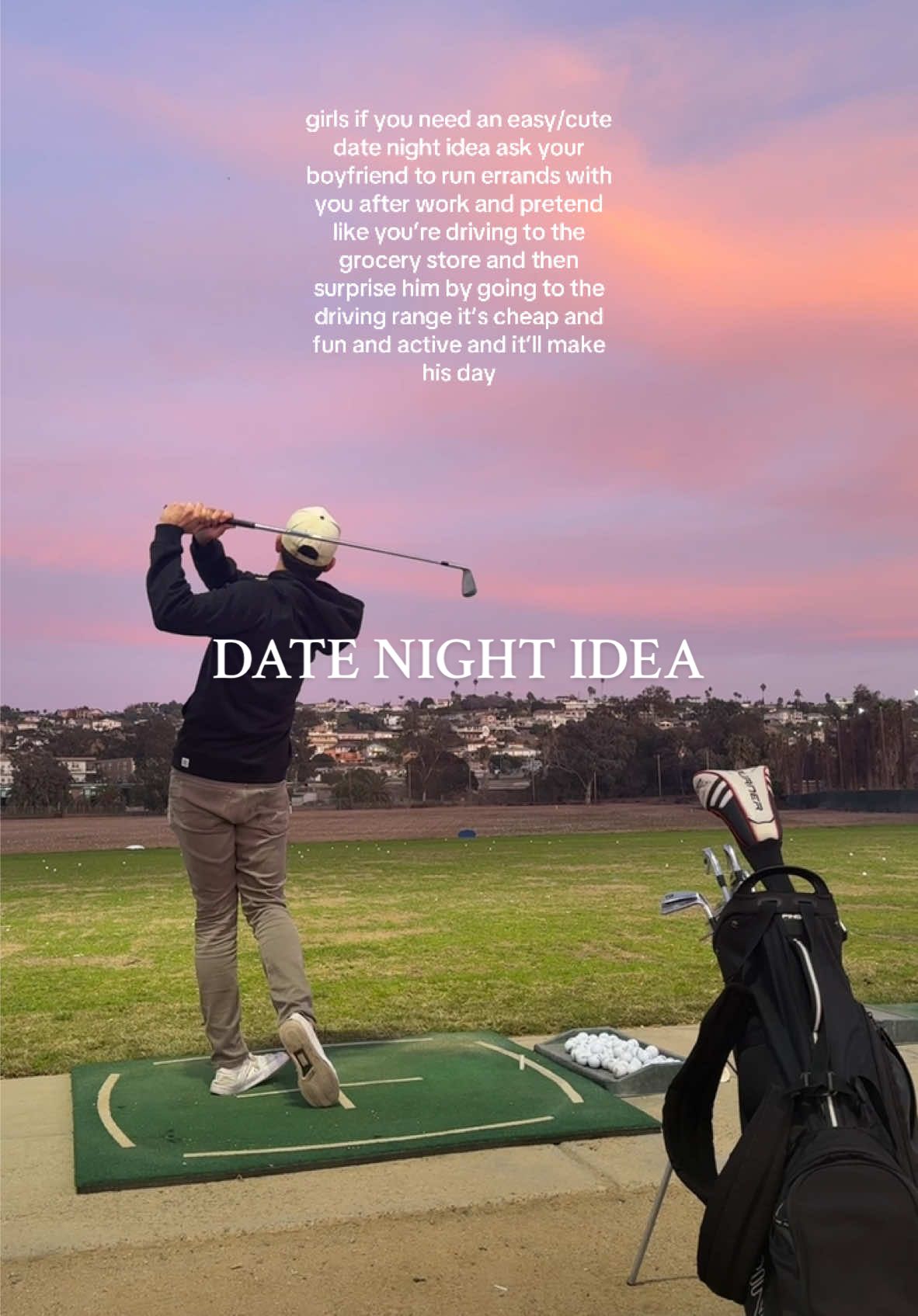 hardest part of this scheme was sneaking his golf bag into my car without him knowing lol #datenight #surprisedatenight #drivingrange #sandiegodatenights #thingstodoinsandiego 