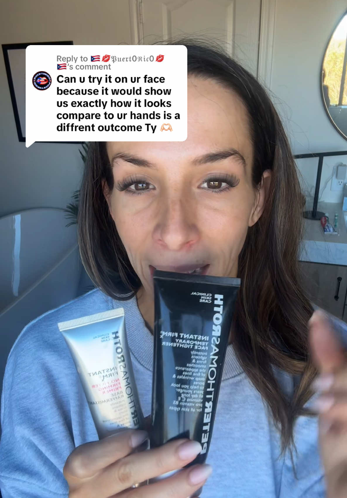 Replying to @🇵🇷💋𝔓𝔲𝔢𝔯𝔱0ℜ𝔦𝔠0💋🇵🇷 thank you for the video idea! Here I compare both Peter Thomas Roth Instant Firm formulas to my face. In my opinion the silver primer is the way to go! #peterthomasroth #instantfirmx #wrinklesbegone #makeupformatureskin 