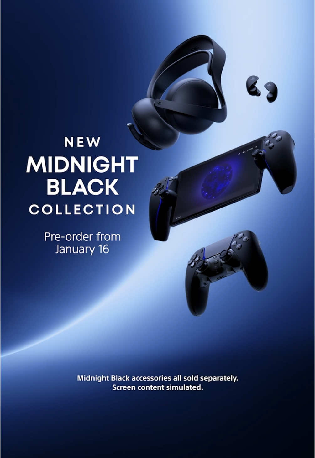 New year, new color 🖤 Pre-order new Midnight Black colorways for the PlayStation Portal, DualSense Edge controller, Pulse Elite headset, and Pulse Explore earbuds Jan 16. 